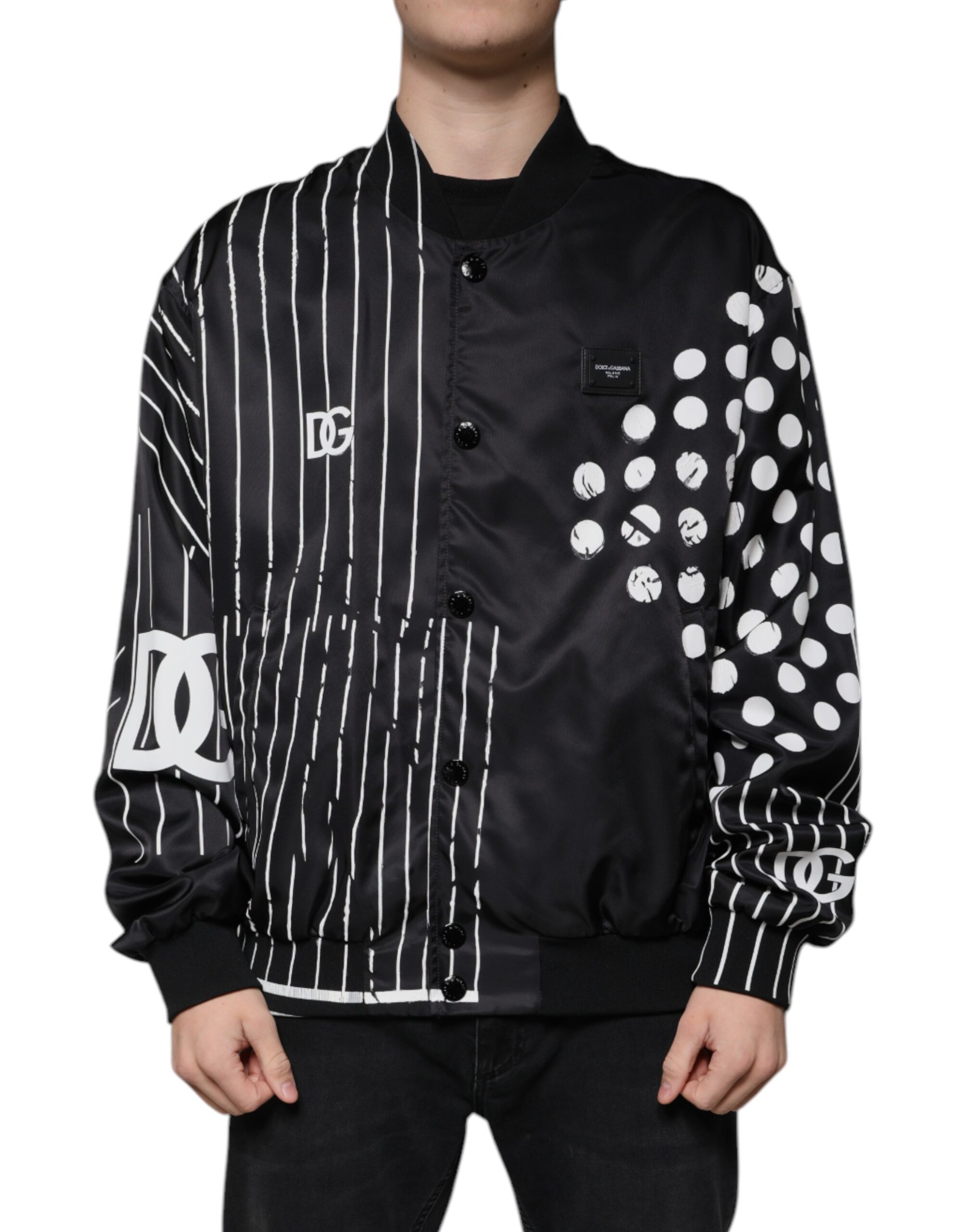 Dolce & Gabbana Black Polka Dot Stripe Nylon Bomber Jacket - Image 2