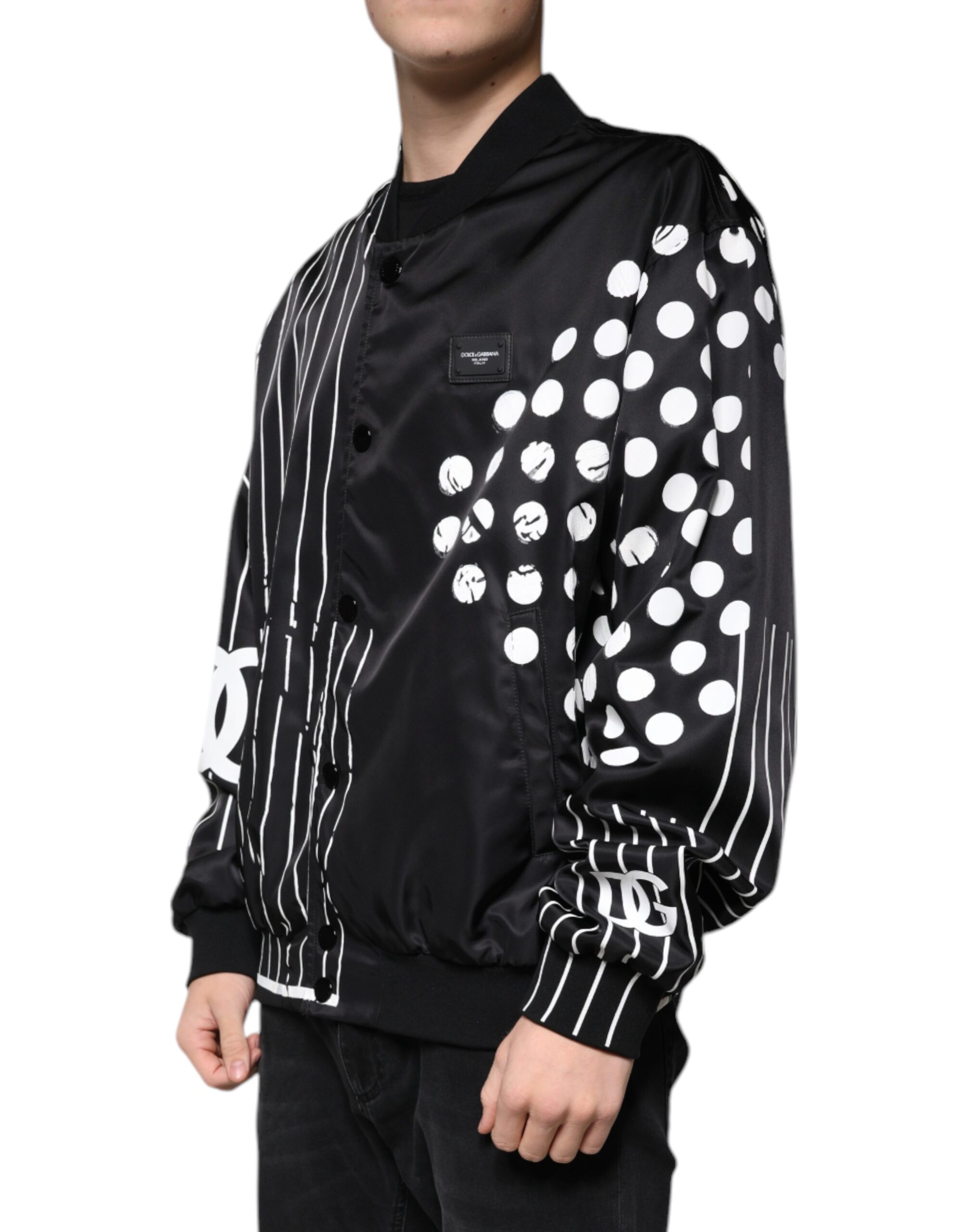 Dolce & Gabbana Black Polka Dot Stripe Nylon Bomber Jacket - Image 3