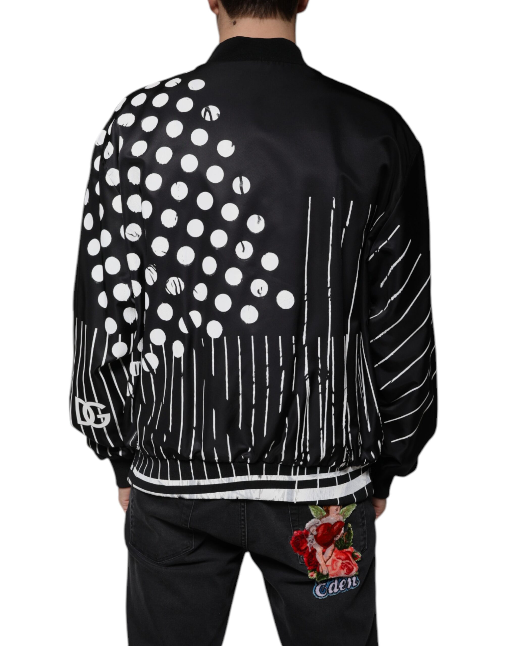 Dolce & Gabbana Black Polka Dot Stripe Nylon Bomber Jacket - Image 4