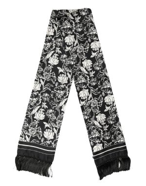 Dolce & Gabbana Black White Silk Floral Print Fringe 136cm X 15.5cm  Scarf