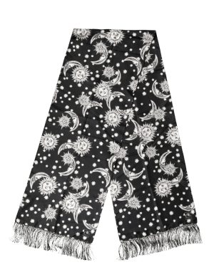 Dolce & Gabbana Black Silk Sun Moon Star Fringe Foulard 178cm X 33cm Scarf