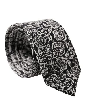 Dolce & Gabbana Black White Floral Fantasy Silk Adjustable Necktie Tie