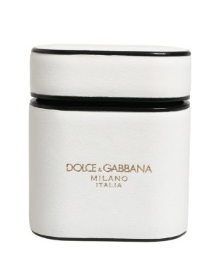 Dolce & Gabbana White Calf Leather Logo Print Flip Holder  Airpods Case