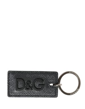Dolce & Gabbana Black Calf Leather D&G Logo Metal Ring Keyring Keychain