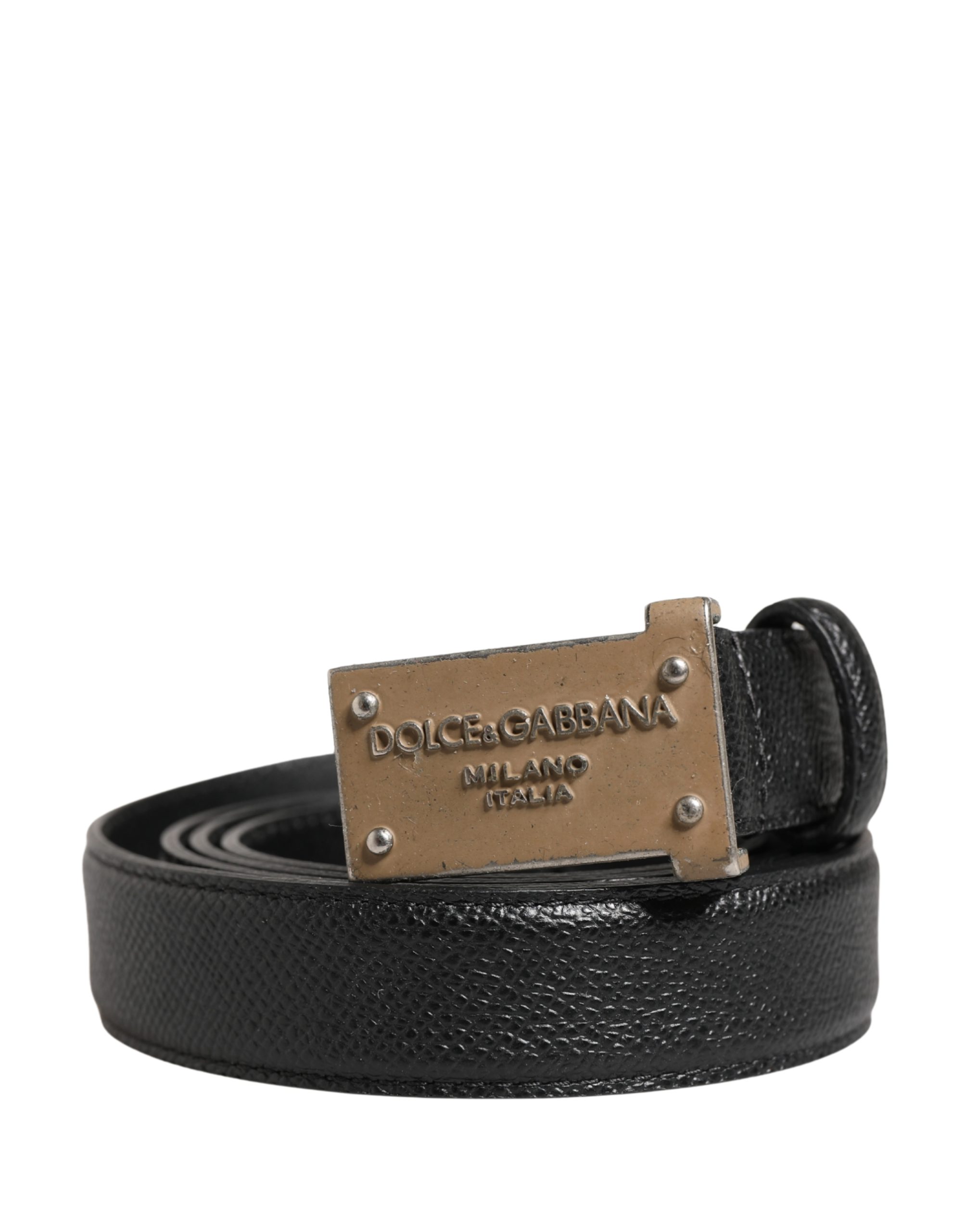 Dolce & Gabbana Men Black Calf Leather Logo Metal Buckle Belt - Image 2