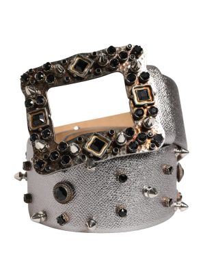 Dolce & Gabbana Silver Leather Crystal Metal Buckle Belt