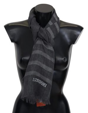 Missoni Gray Striped Wool Unisex Neck Wrap Fringes Scarf