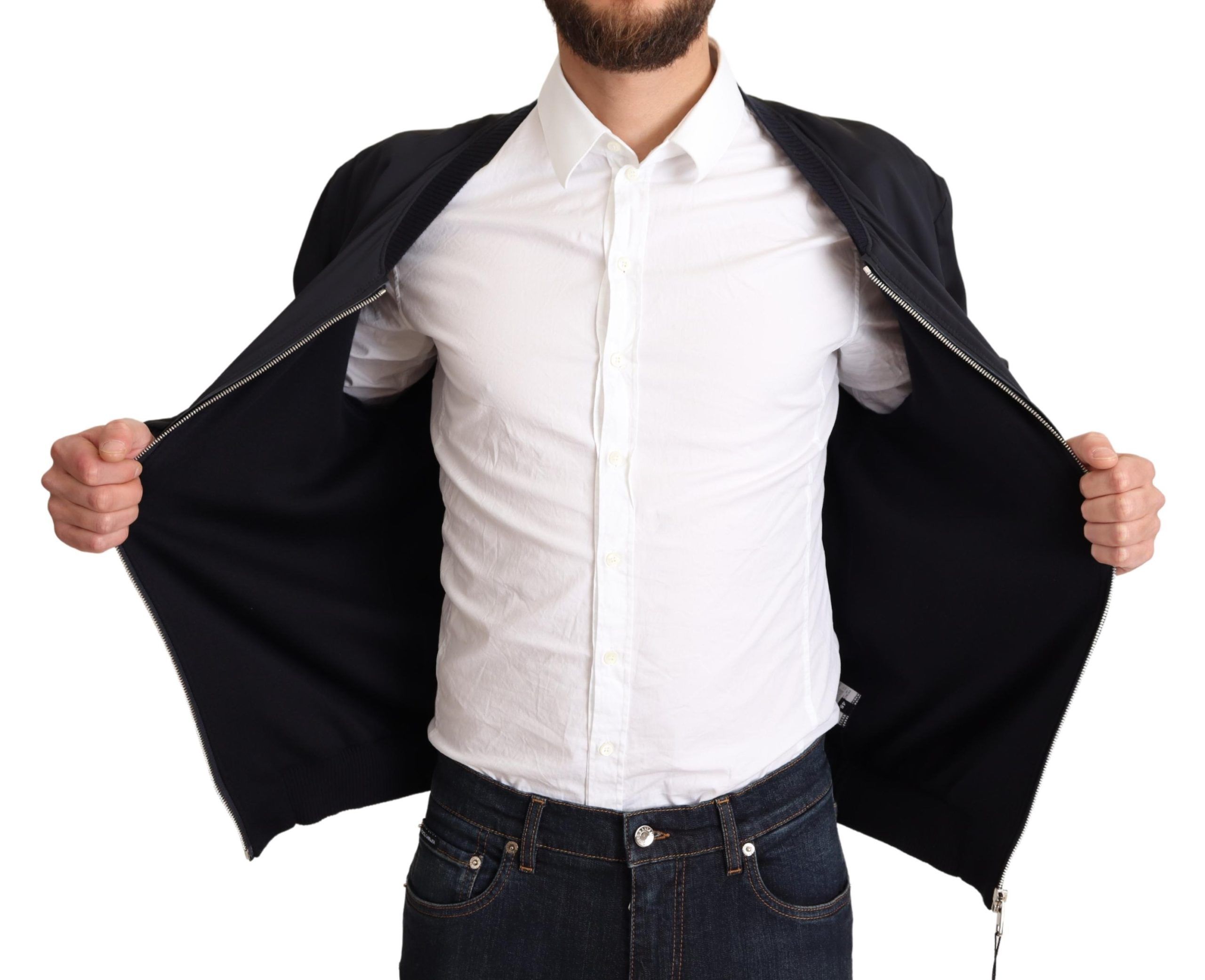 Dolce & Gabbana Blue Silk Coat Short Bomber Men Jacket - Image 5