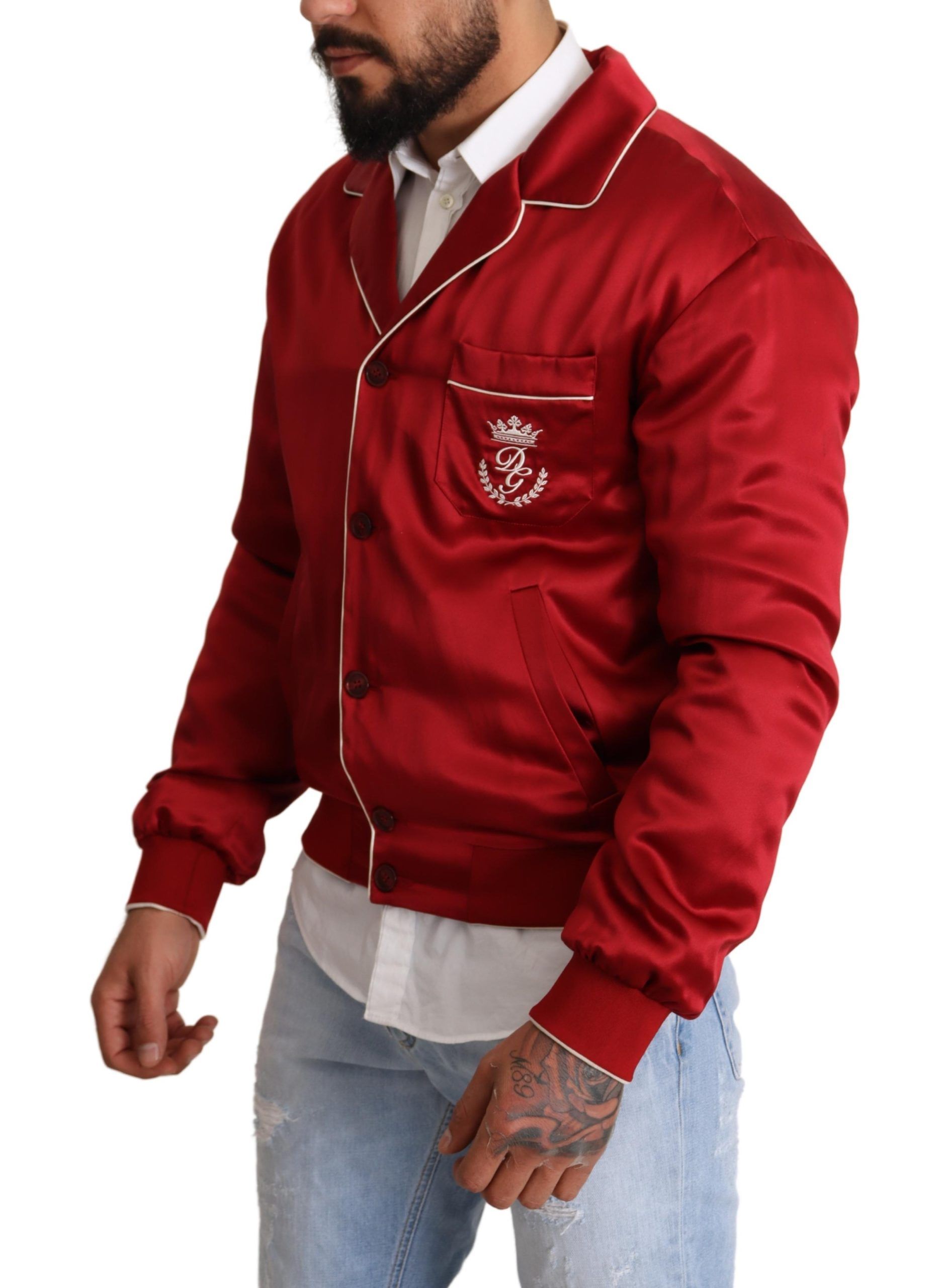 Dolce & Gabbana Red Silk Button DG Logo Bomber Jacket - Image 2