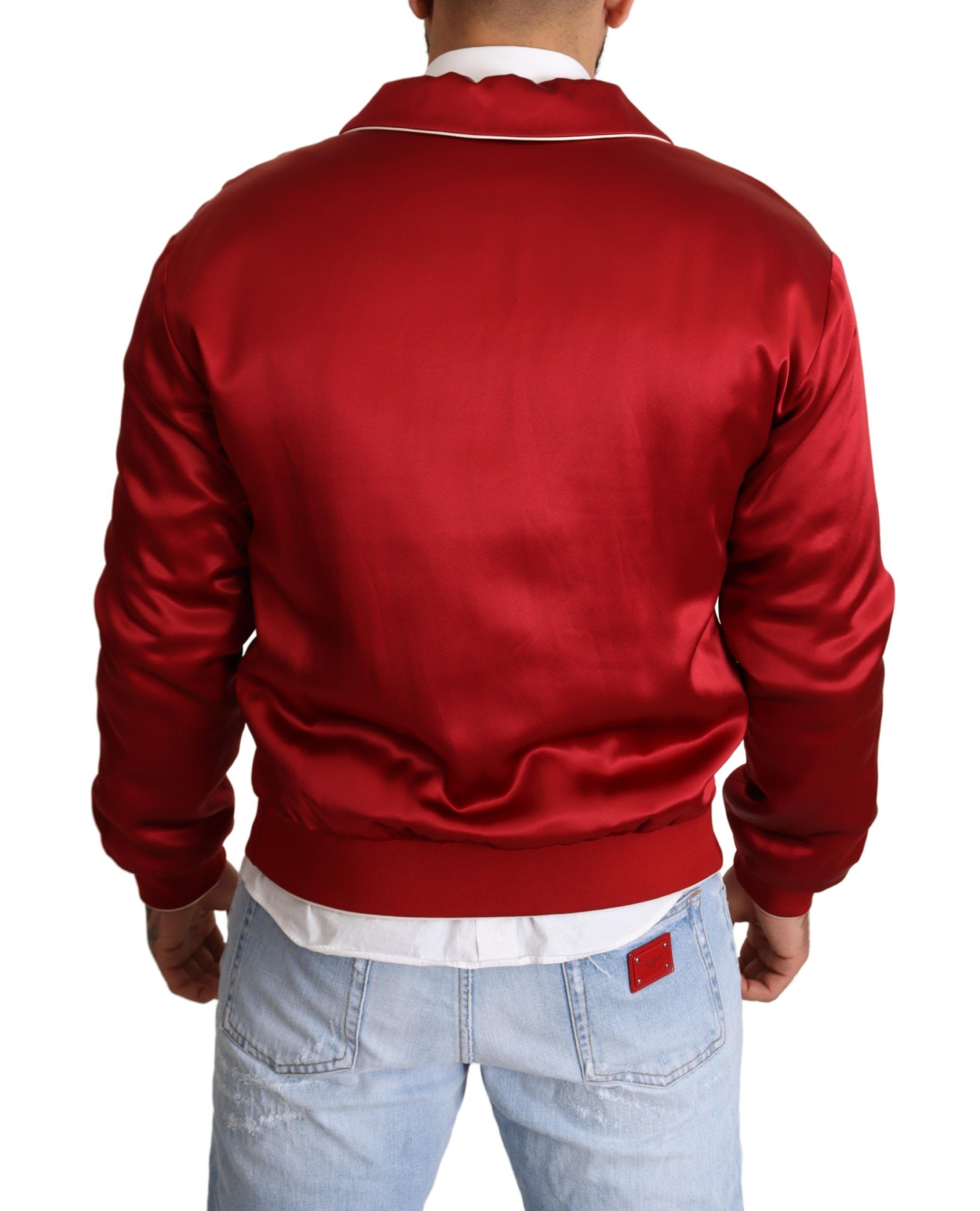 Dolce & Gabbana Red Silk Button DG Logo Bomber Jacket - Image 3