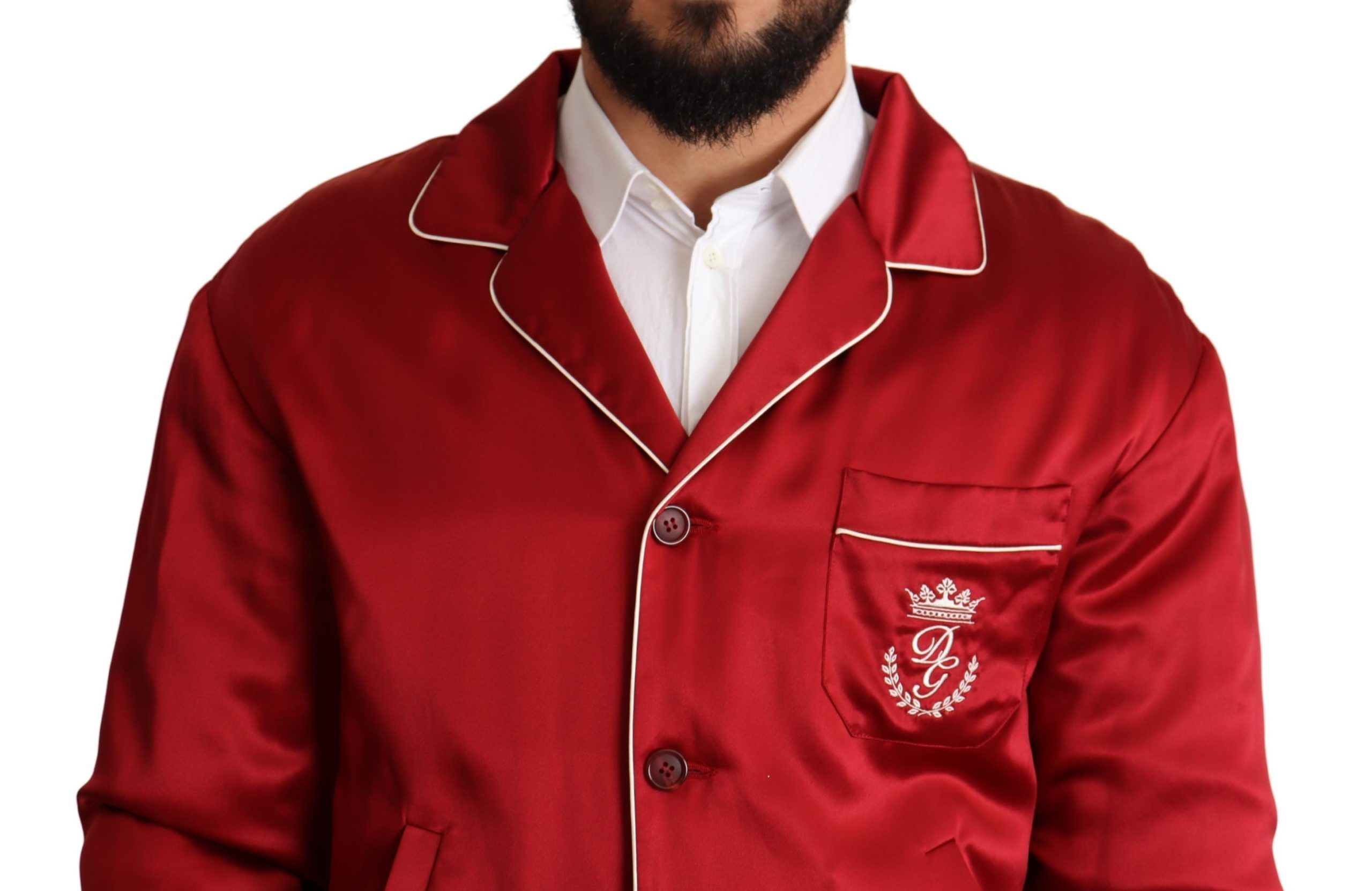 Dolce & Gabbana Red Silk Button DG Logo Bomber Jacket - Image 4