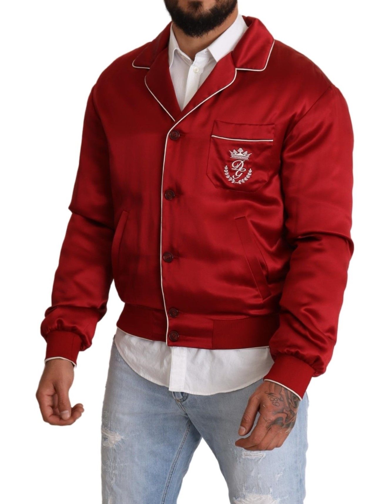 Dolce & Gabbana Red Silk Button DG Logo Bomber Jacket - Image 5