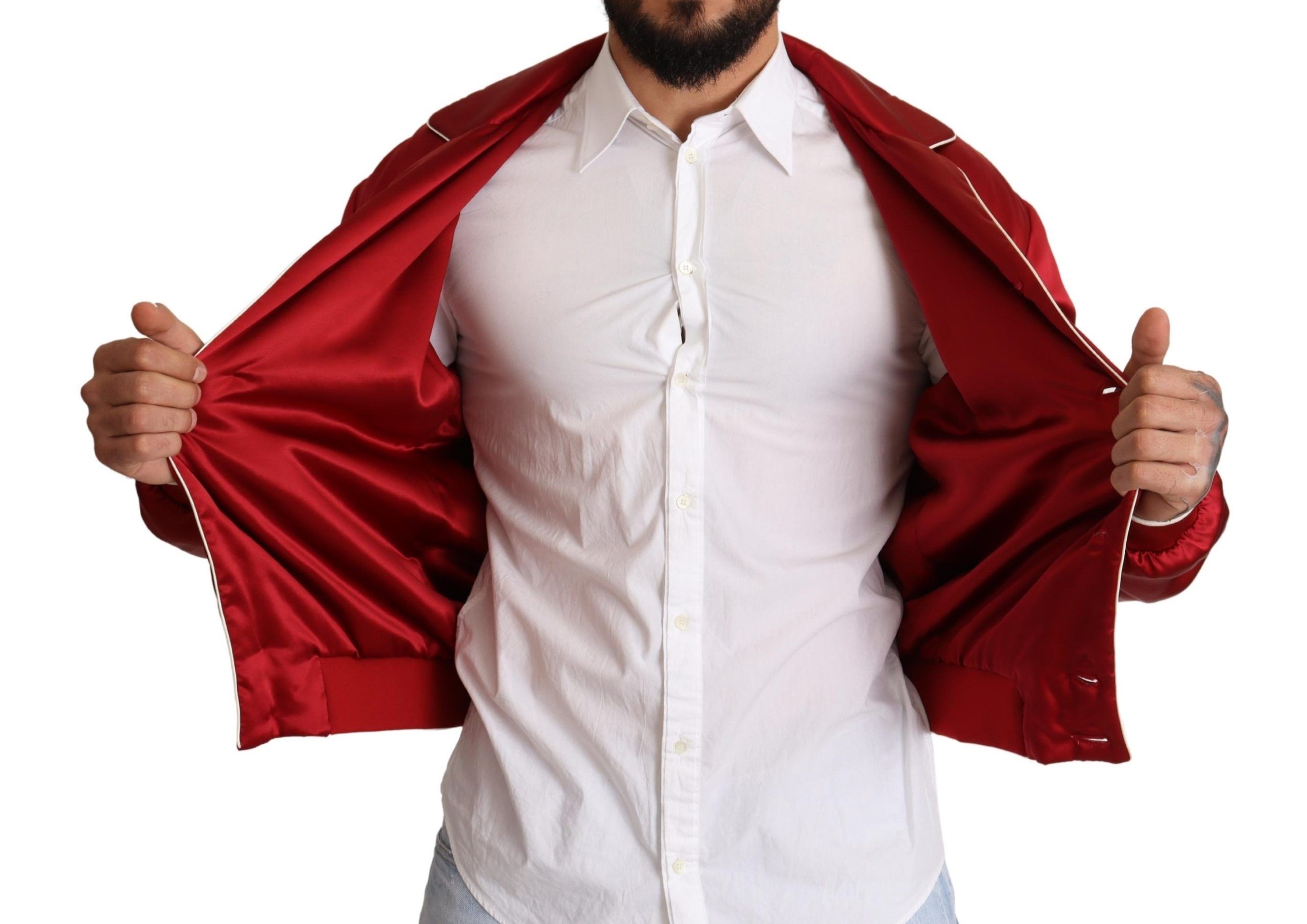 Dolce & Gabbana Red Silk Button DG Logo Bomber Jacket - Image 6