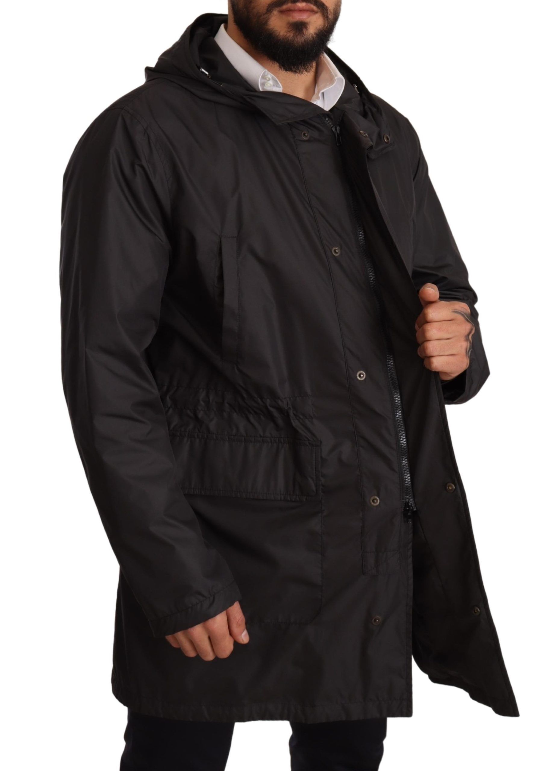Dolce & Gabbana Black Hooded Mens Trench Coat Jacket - Image 7