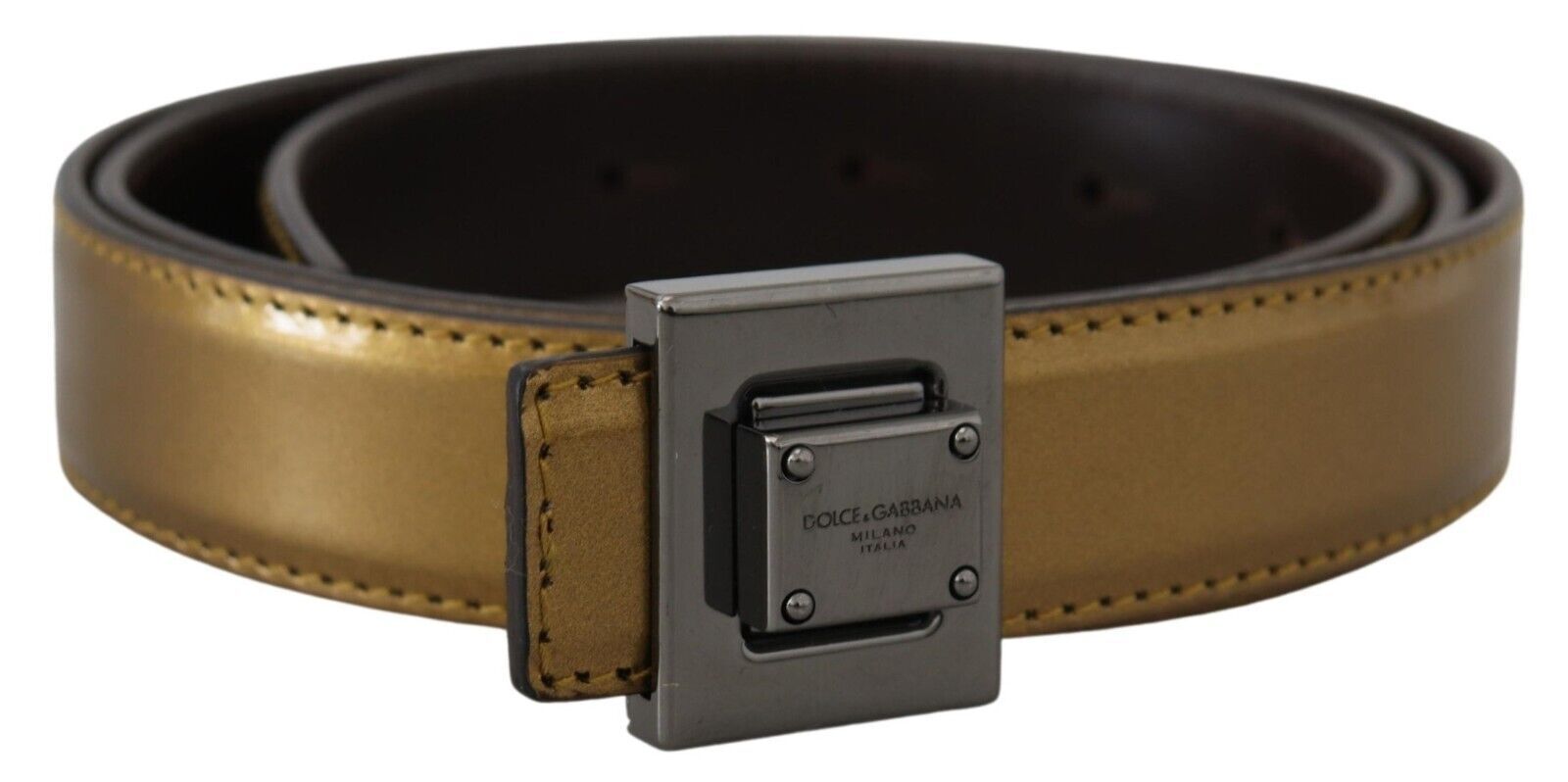 Dolce & Gabbana Gold Leather Silver Square Metal Buckle Belt - Image 2