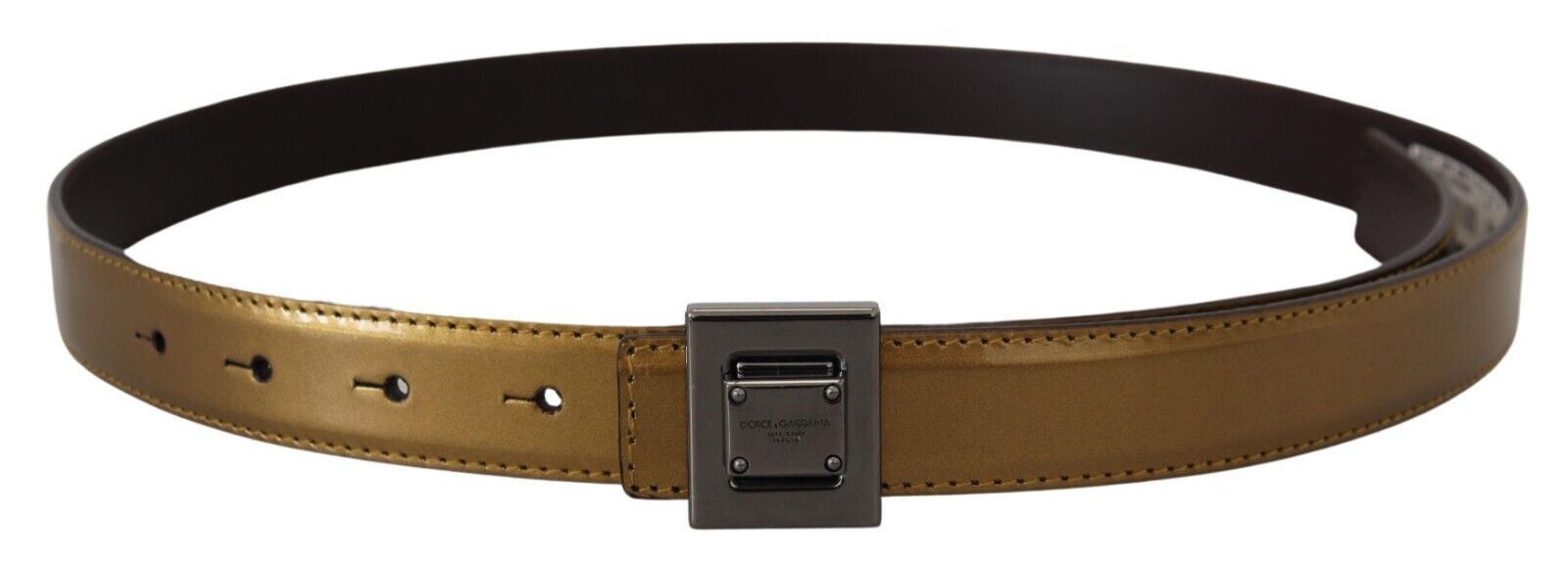 Dolce & Gabbana Gold Leather Silver Square Metal Buckle Belt - Image 3