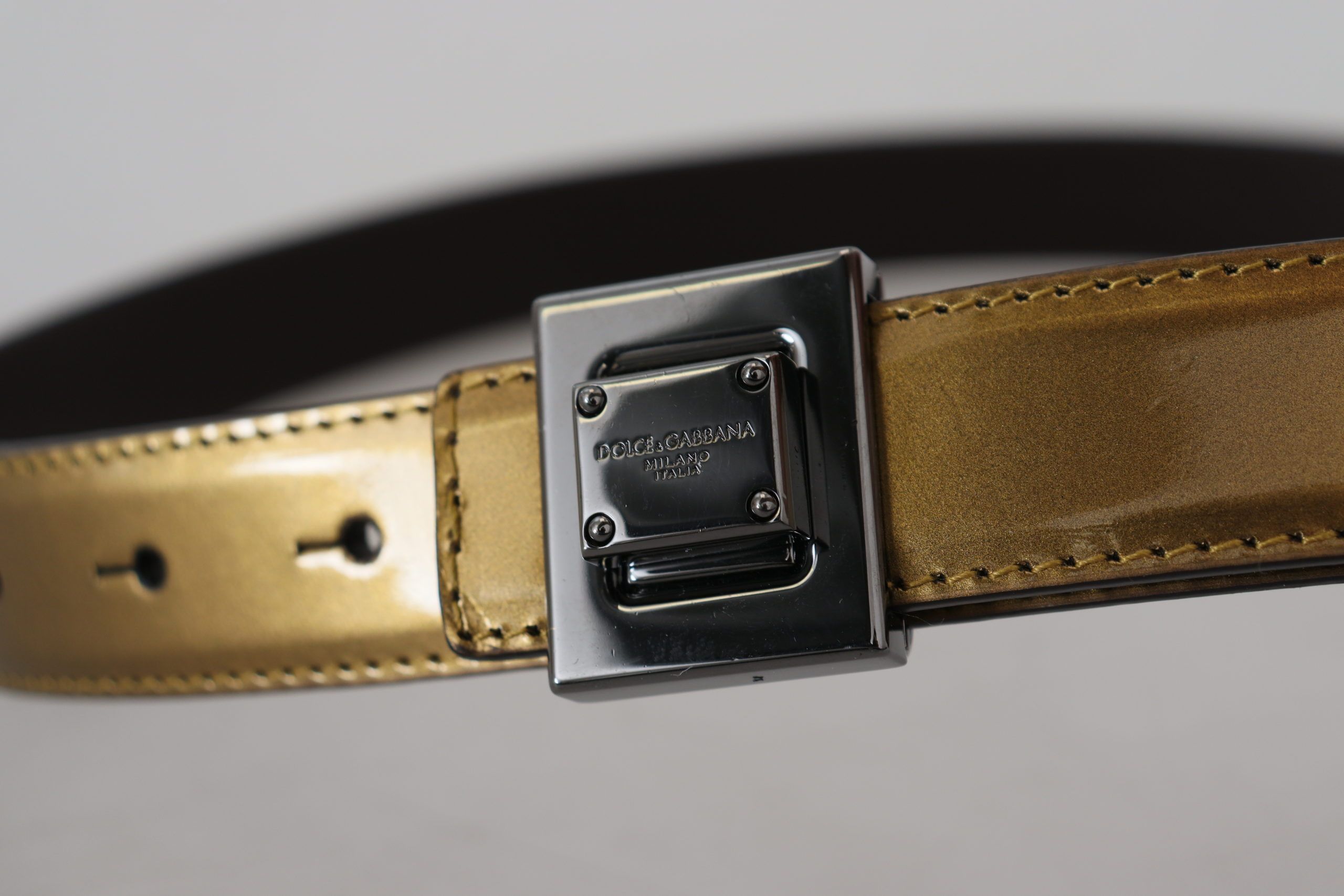 Dolce & Gabbana Gold Leather Silver Square Metal Buckle Belt - Image 6