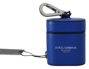 Dolce & Gabbana Blue Leather Silver Metal Logo Airpods Case
