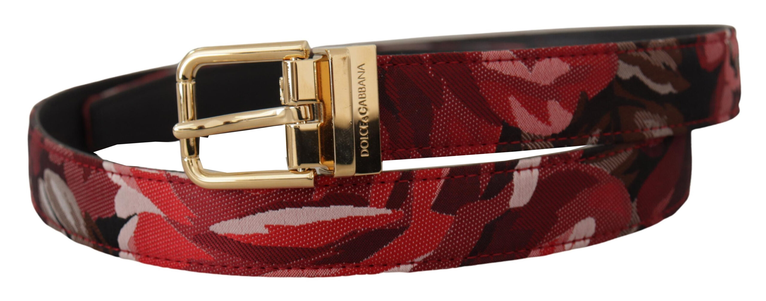 Dolce & Gabbana Red Jacquard Rose Leather Gold Metal Buckle Belt - Image 2