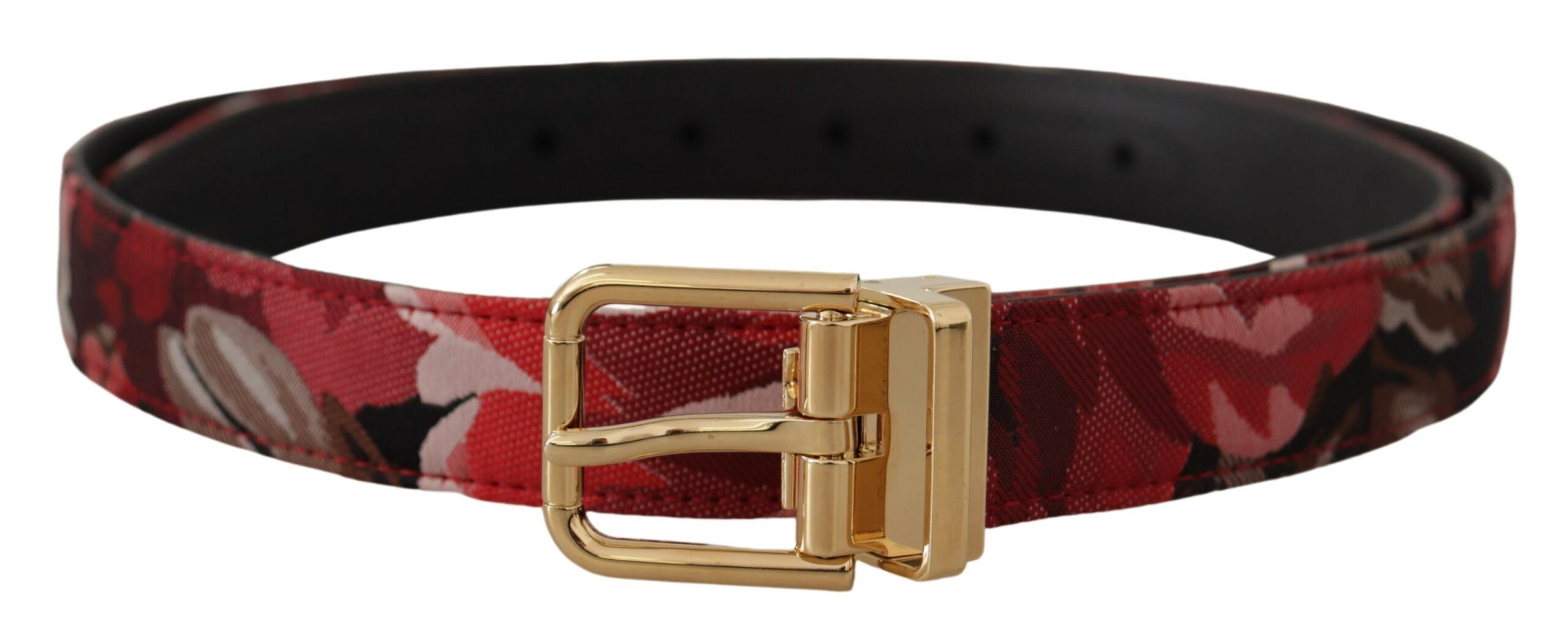 Dolce & Gabbana Red Jacquard Rose Leather Gold Metal Buckle Belt - Image 3