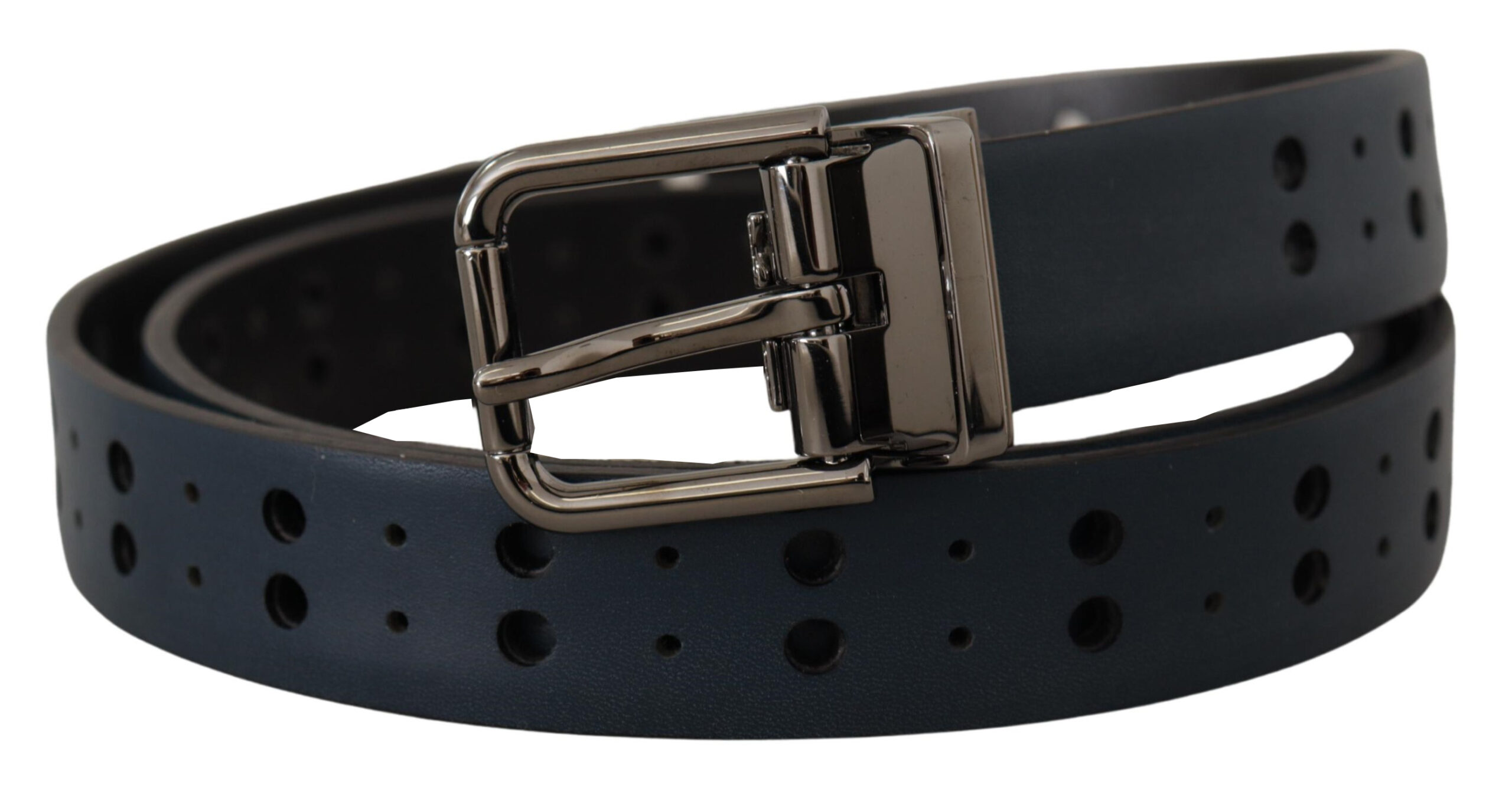 Dolce & Gabbana Blue Perforated Skinny Leather Metal Buckle Belt - Image 2