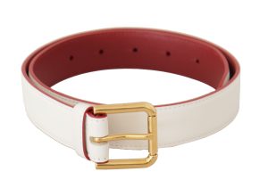 Dolce & Gabbana White Calf Leather Two-Toned Gold Metal Buckle Belt