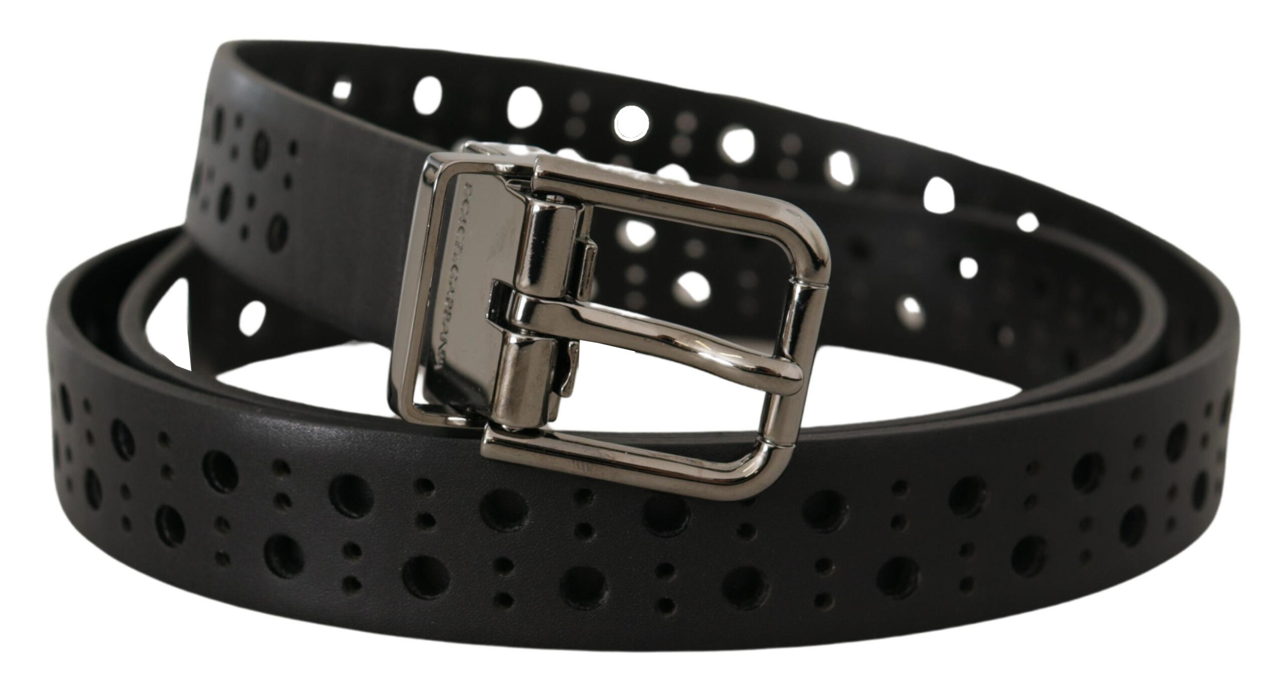 Dolce & Gabbana Black Calf Leather Perforated Metal Buckle Belt - Image 2