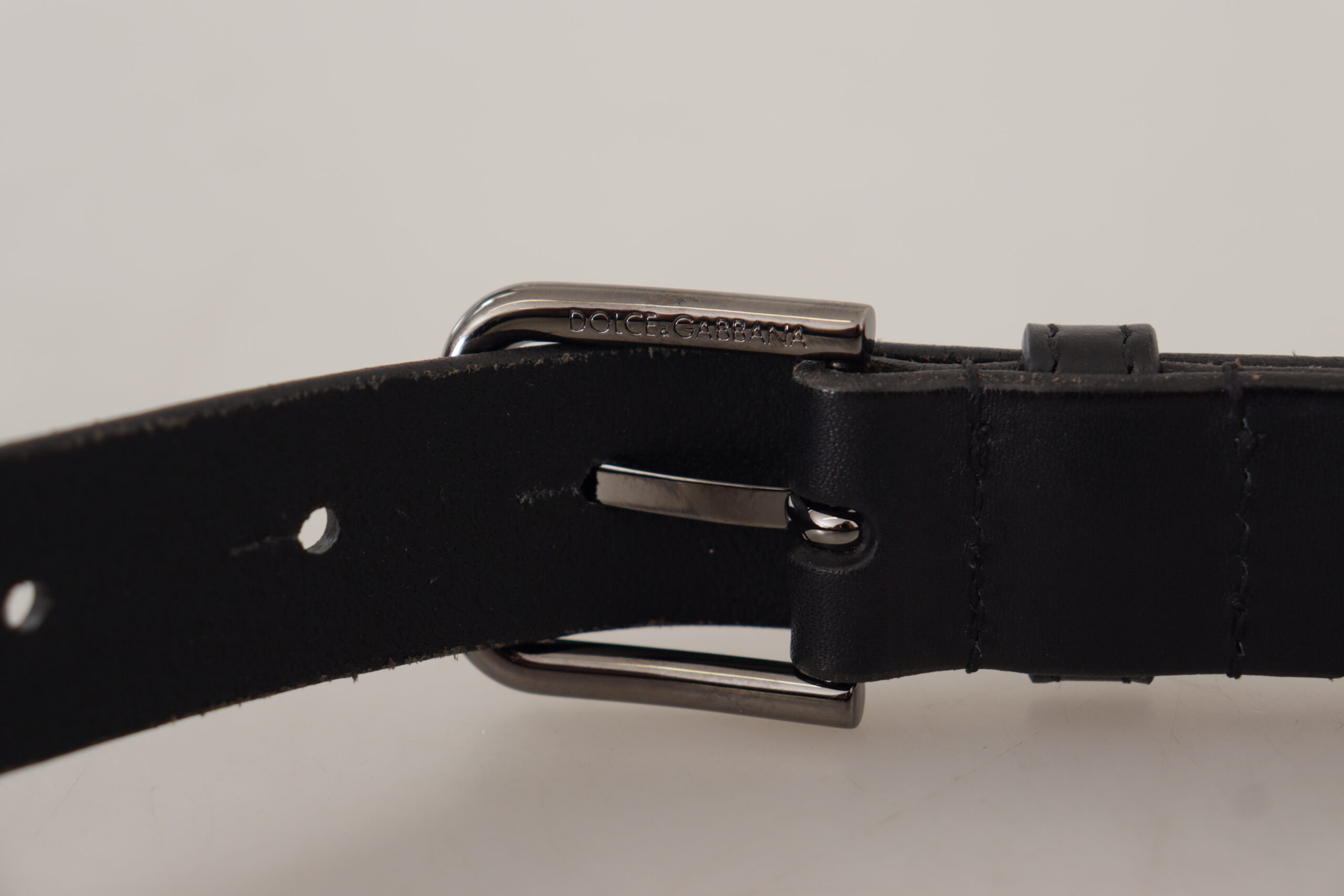 Dolce & Gabbana Black Calf Leather Logo Engraved Metal Buckle Belt - Image 4