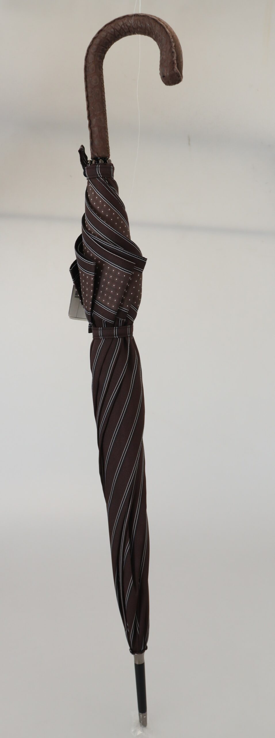 Dolce & Gabbana Brown Striped Leather Handle Collapsible Sartoria Umbrella - Image 4