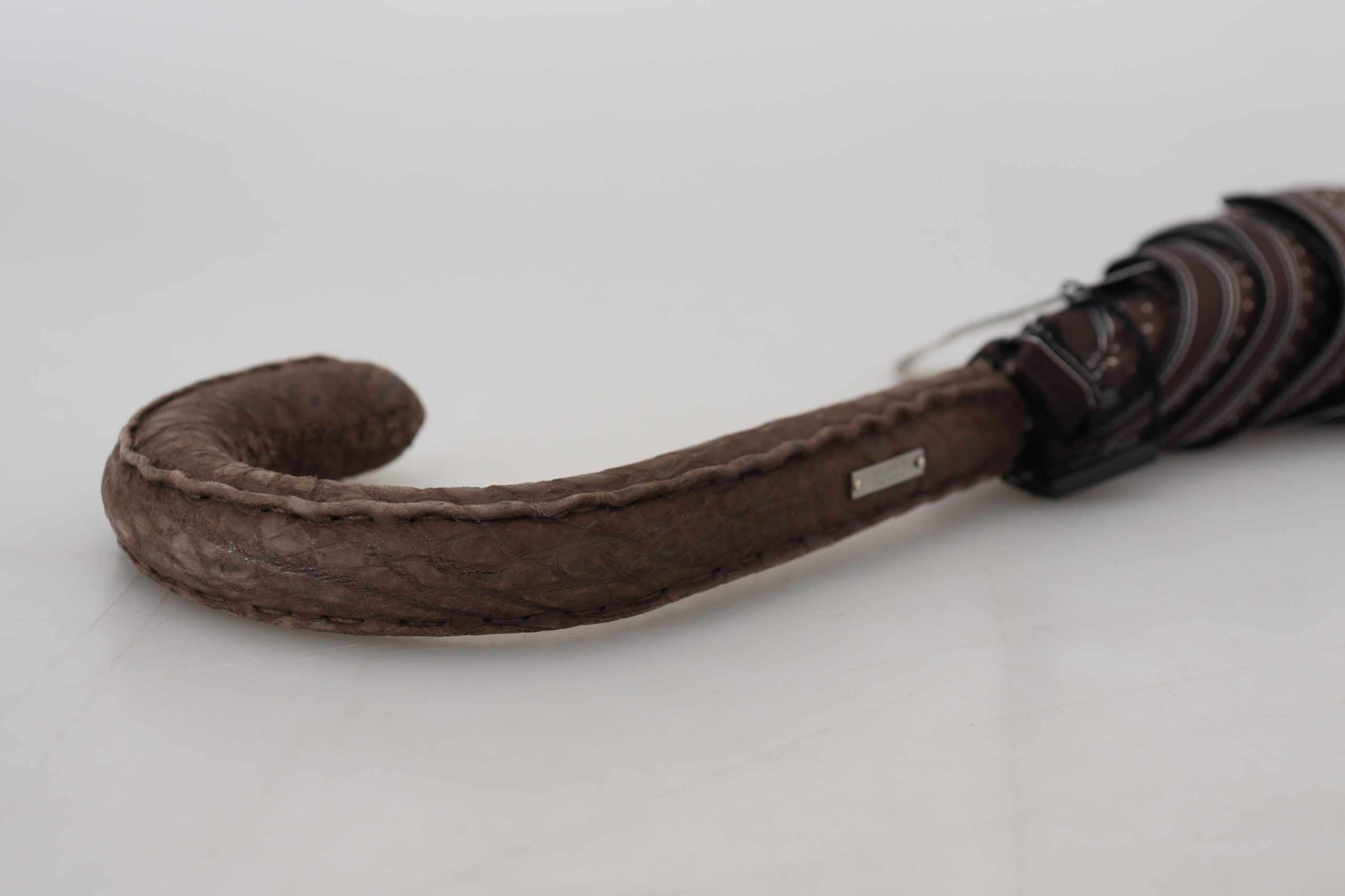 Dolce & Gabbana Brown Striped Leather Handle Collapsible Sartoria Umbrella - Image 5
