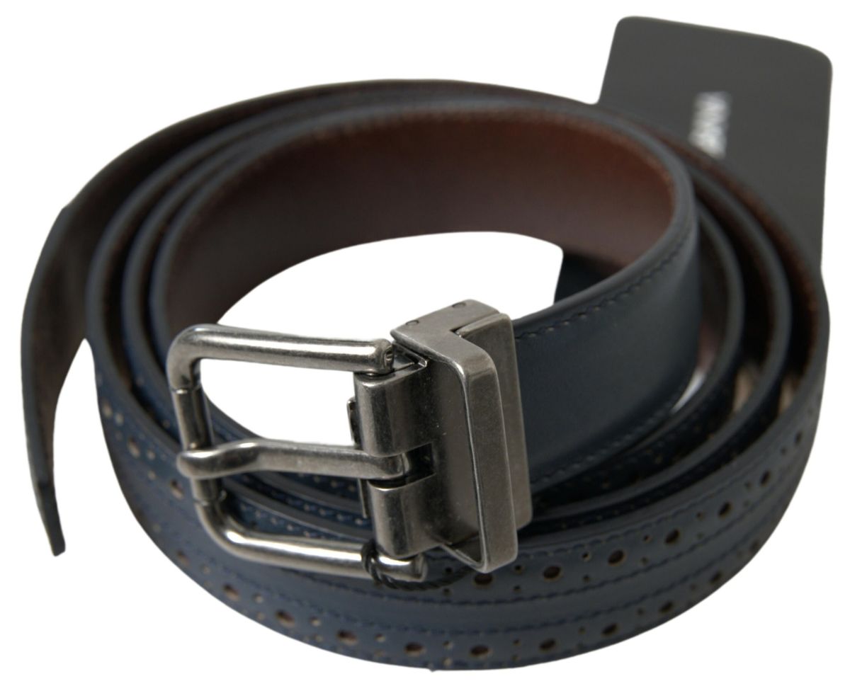 Dolce & Gabbana Blue Leather Perforated Metal Buckle Belt - Image 2