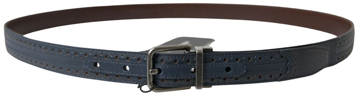 Dolce & Gabbana Blue Leather Perforated Metal Buckle Belt - Image 3