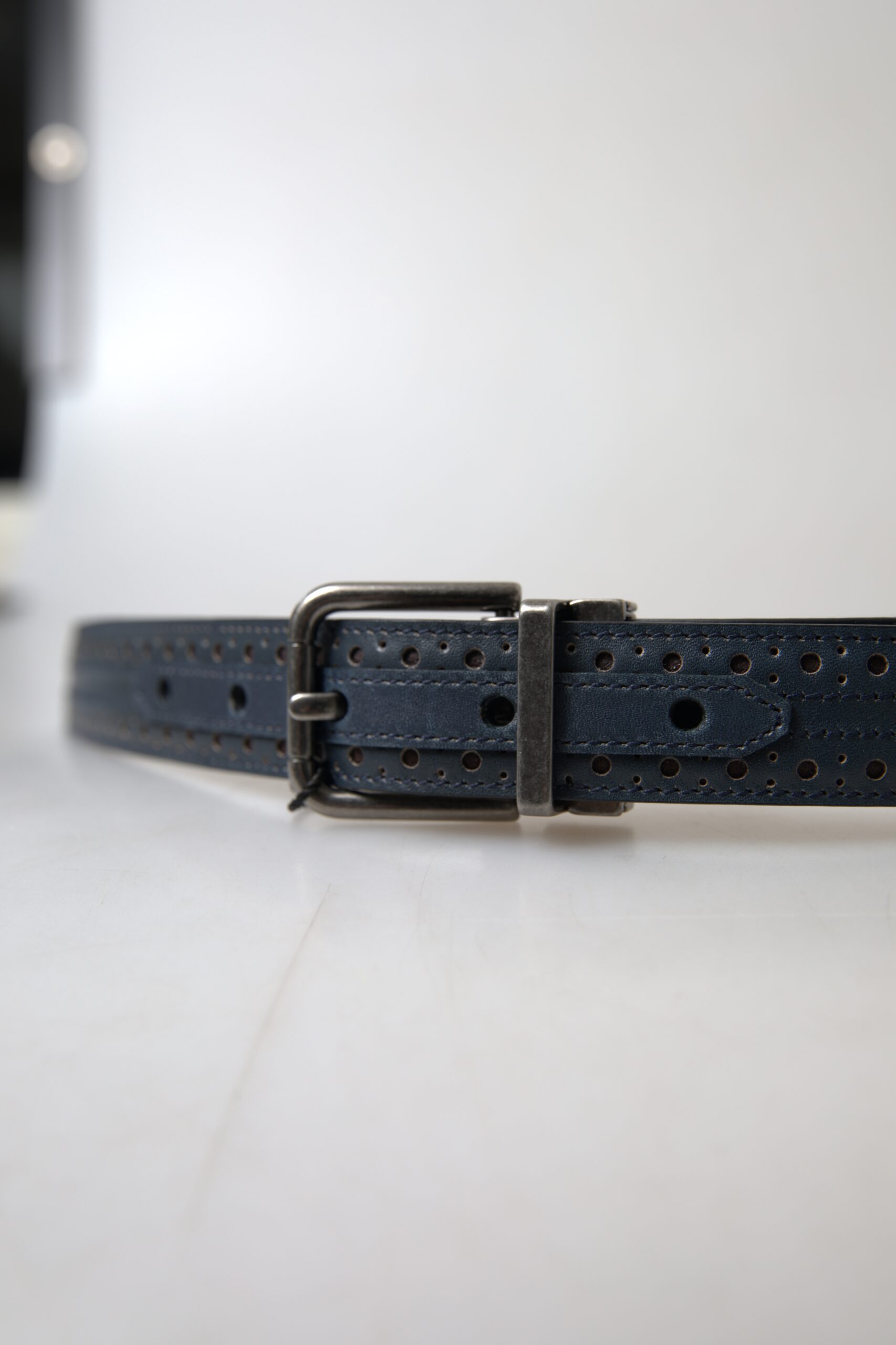 Dolce & Gabbana Blue Leather Perforated Metal Buckle Belt - Image 4