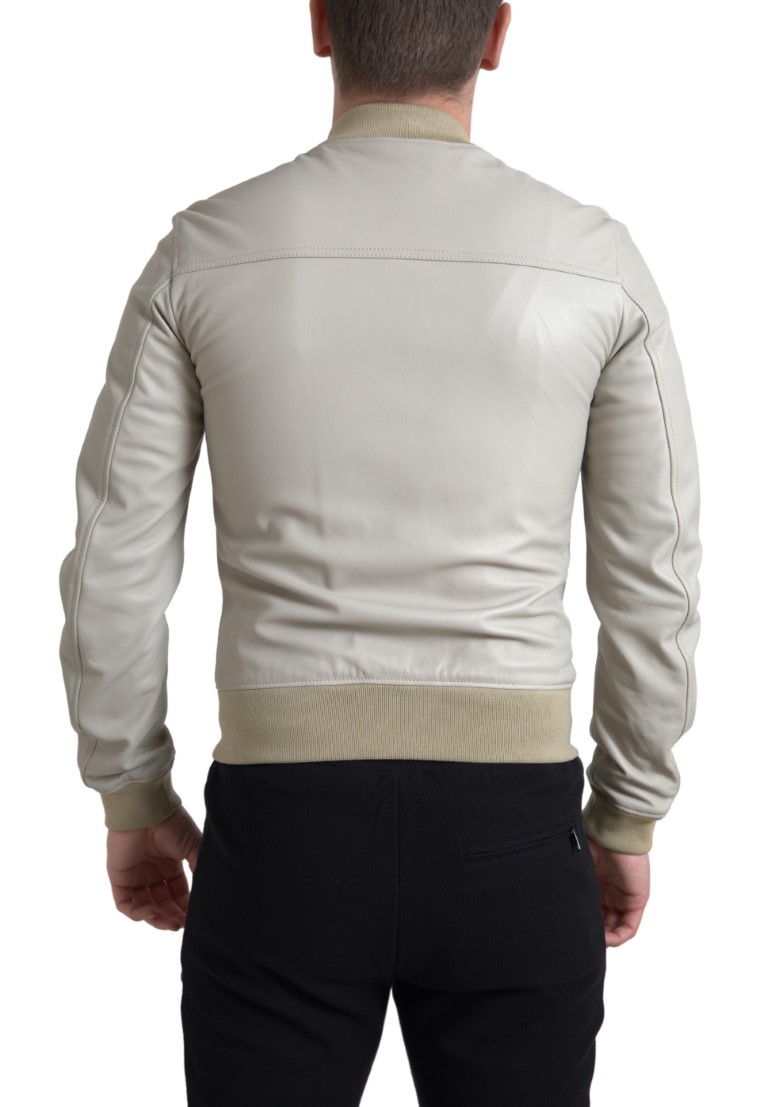 Dolce & Gabbana Cream Leather Bomber Blouson Full Zip Jacket - Image 2