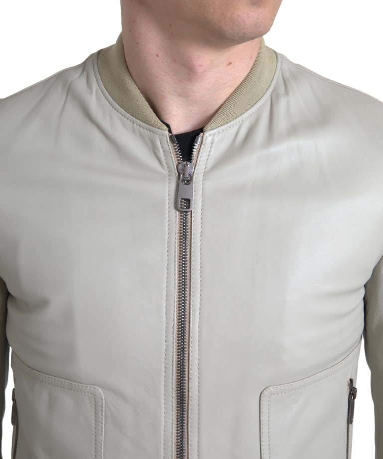 Dolce & Gabbana Cream Leather Bomber Blouson Full Zip Jacket - Image 3