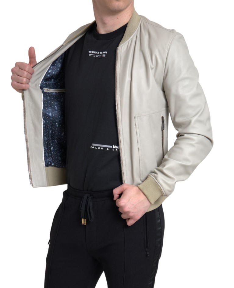 Dolce & Gabbana Cream Leather Bomber Blouson Full Zip Jacket - Image 5