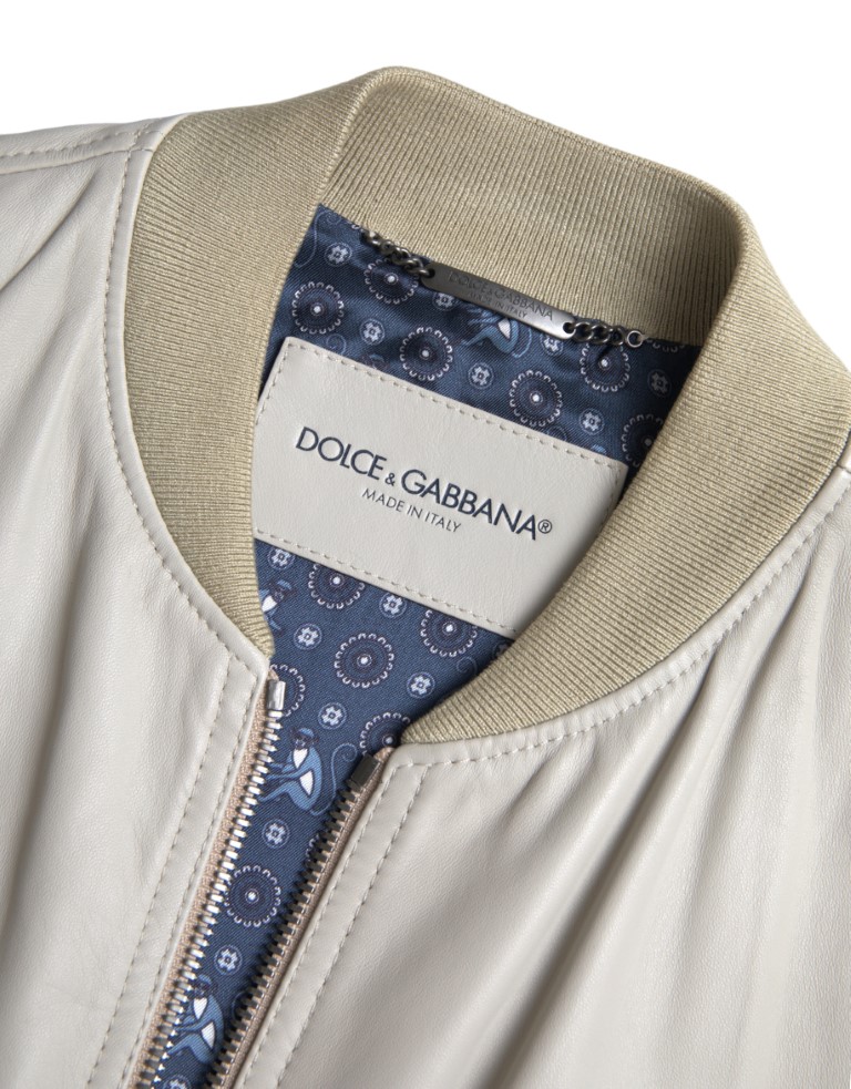 Dolce & Gabbana Cream Leather Bomber Blouson Full Zip Jacket - Image 6