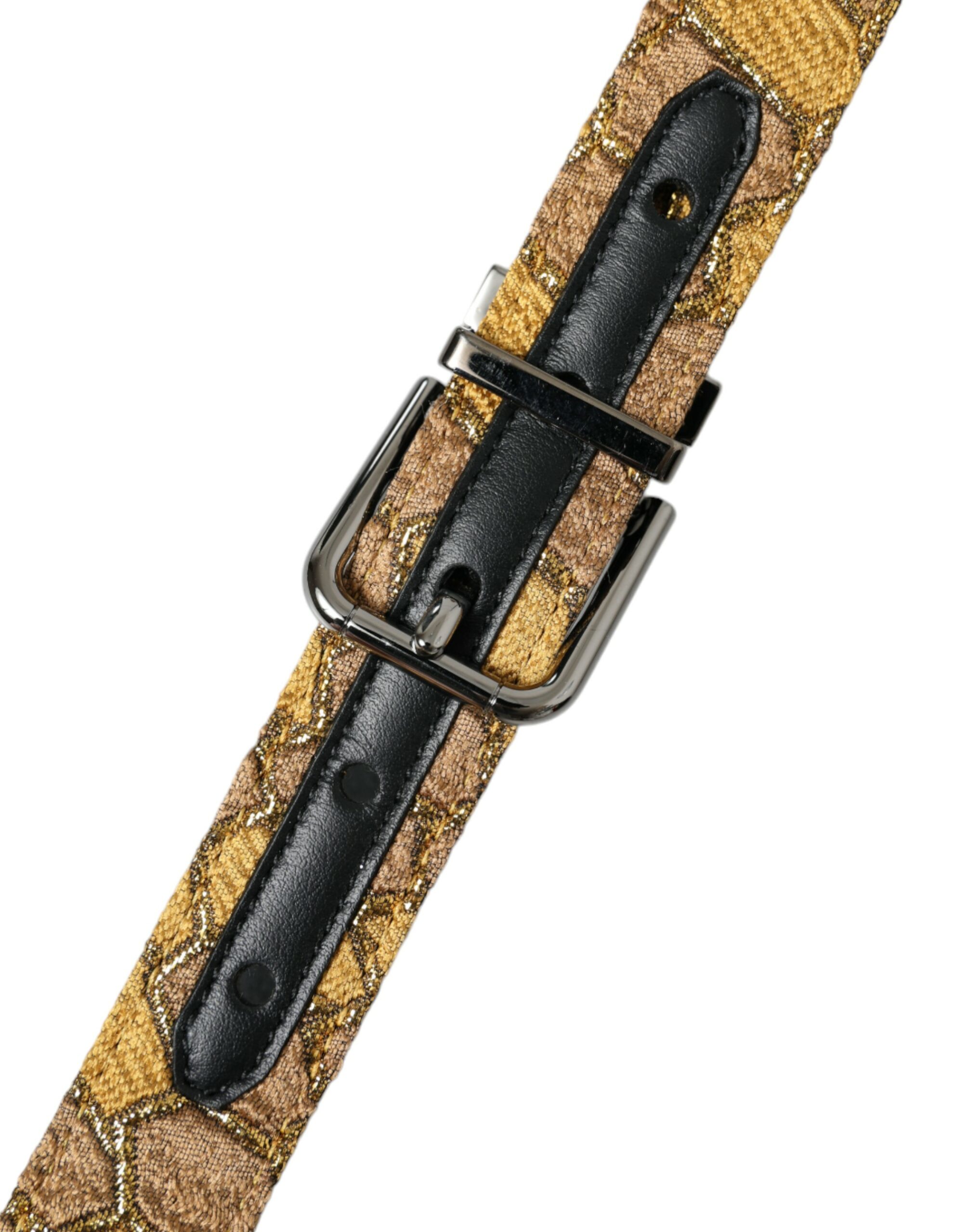 Dolce & Gabbana Gold Leather Jacquard Silver Metal Buckle Belt - Image 4