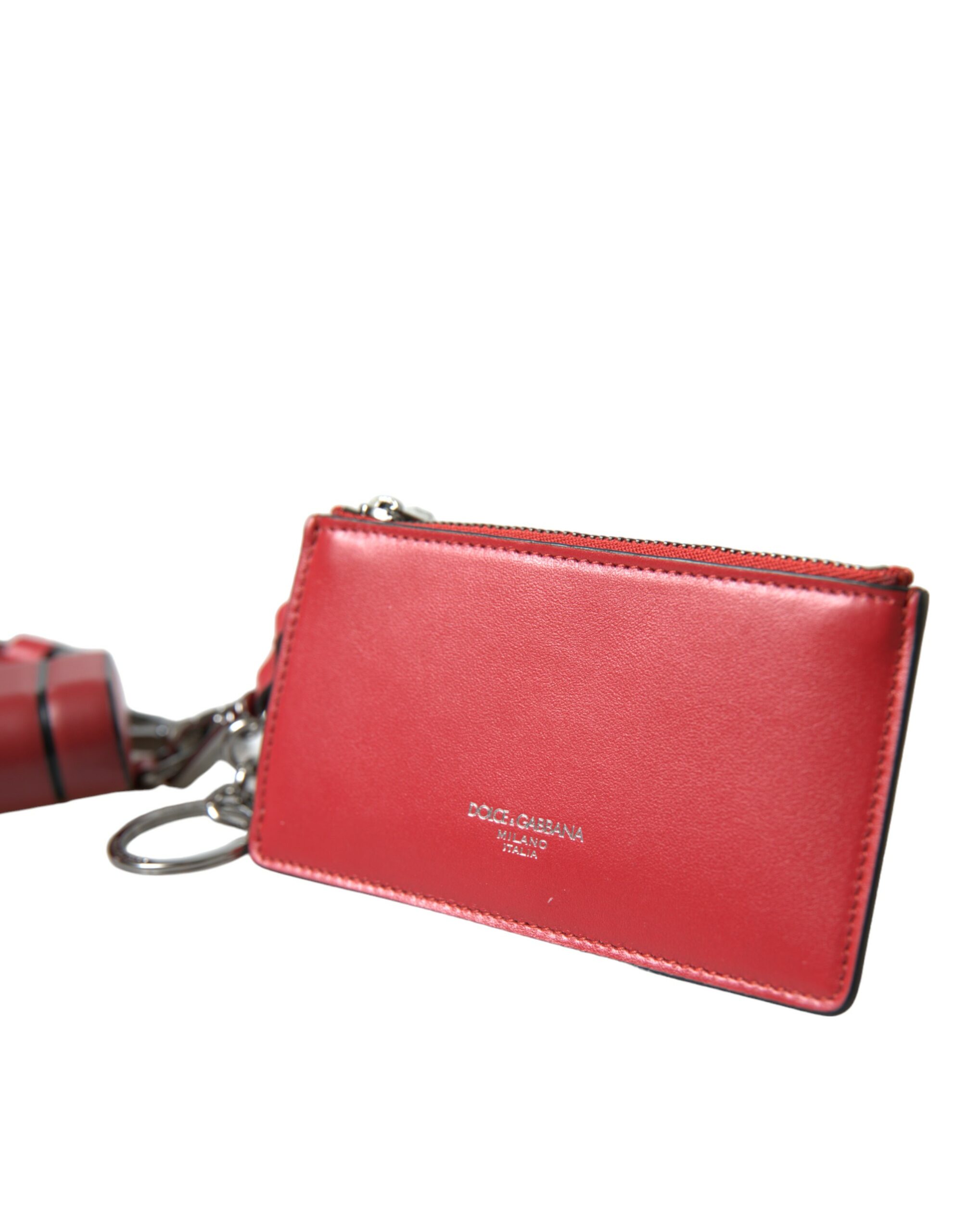 Dolce & Gabbana Red Leather Silver Metal Logo Strap Pouch Airpods Case - Image 2