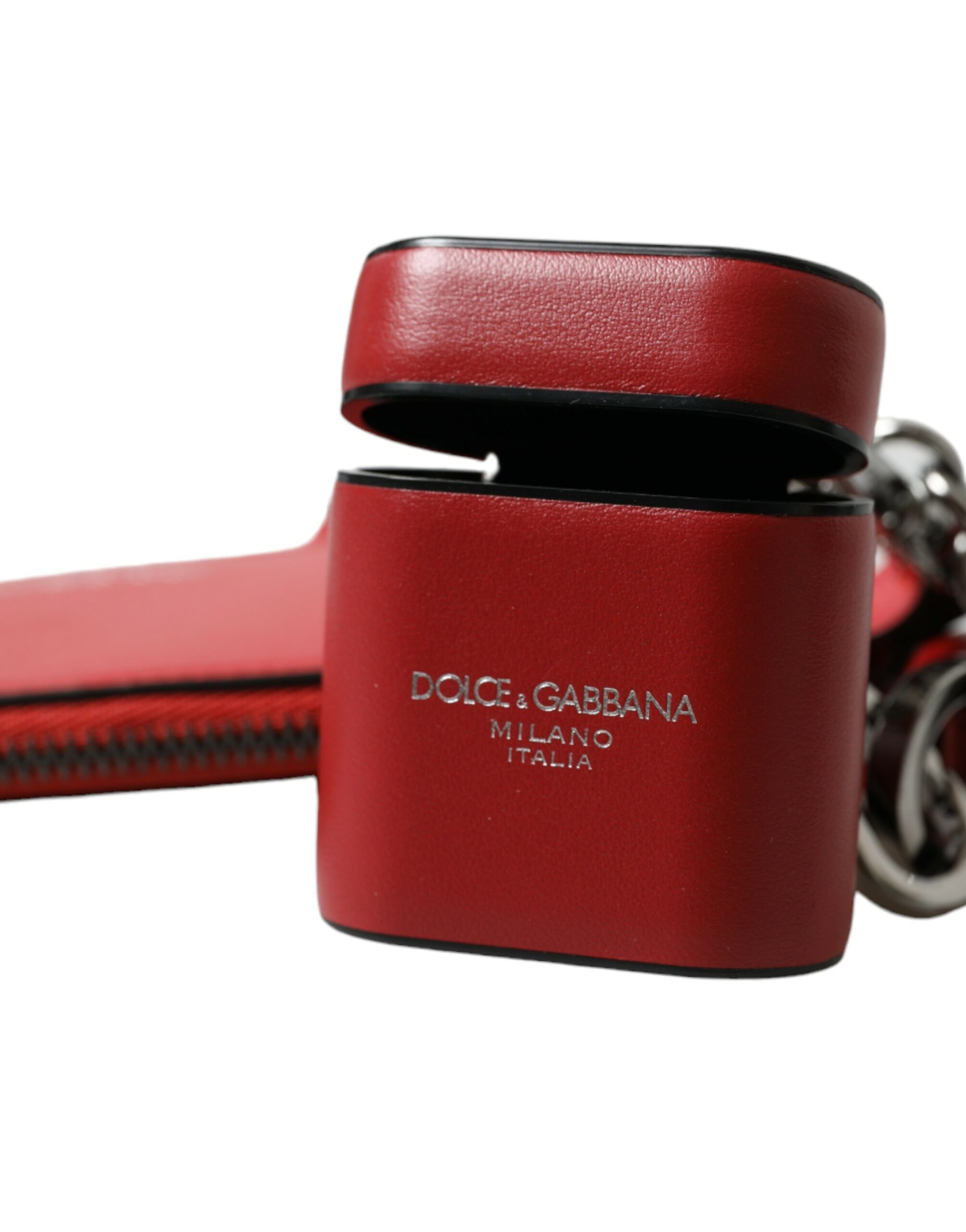 Dolce & Gabbana Red Leather Silver Metal Logo Strap Pouch Airpods Case - Image 4
