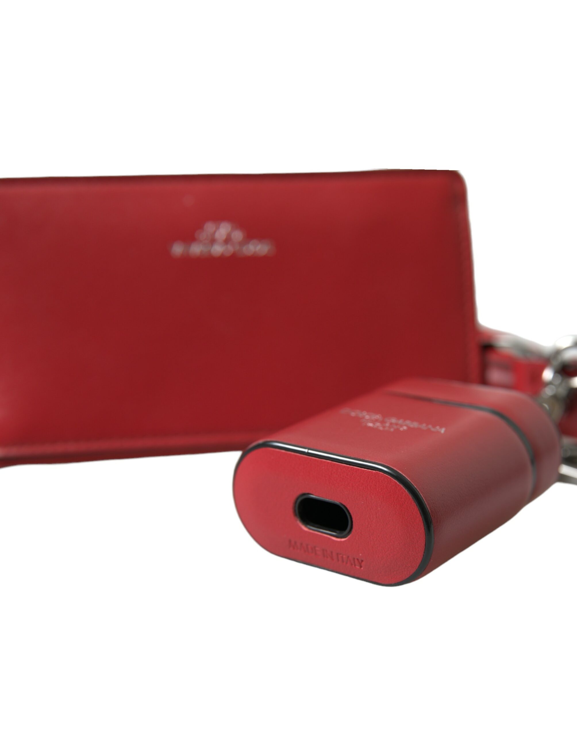 Dolce & Gabbana Red Leather Silver Metal Logo Strap Pouch Airpods Case - Image 5