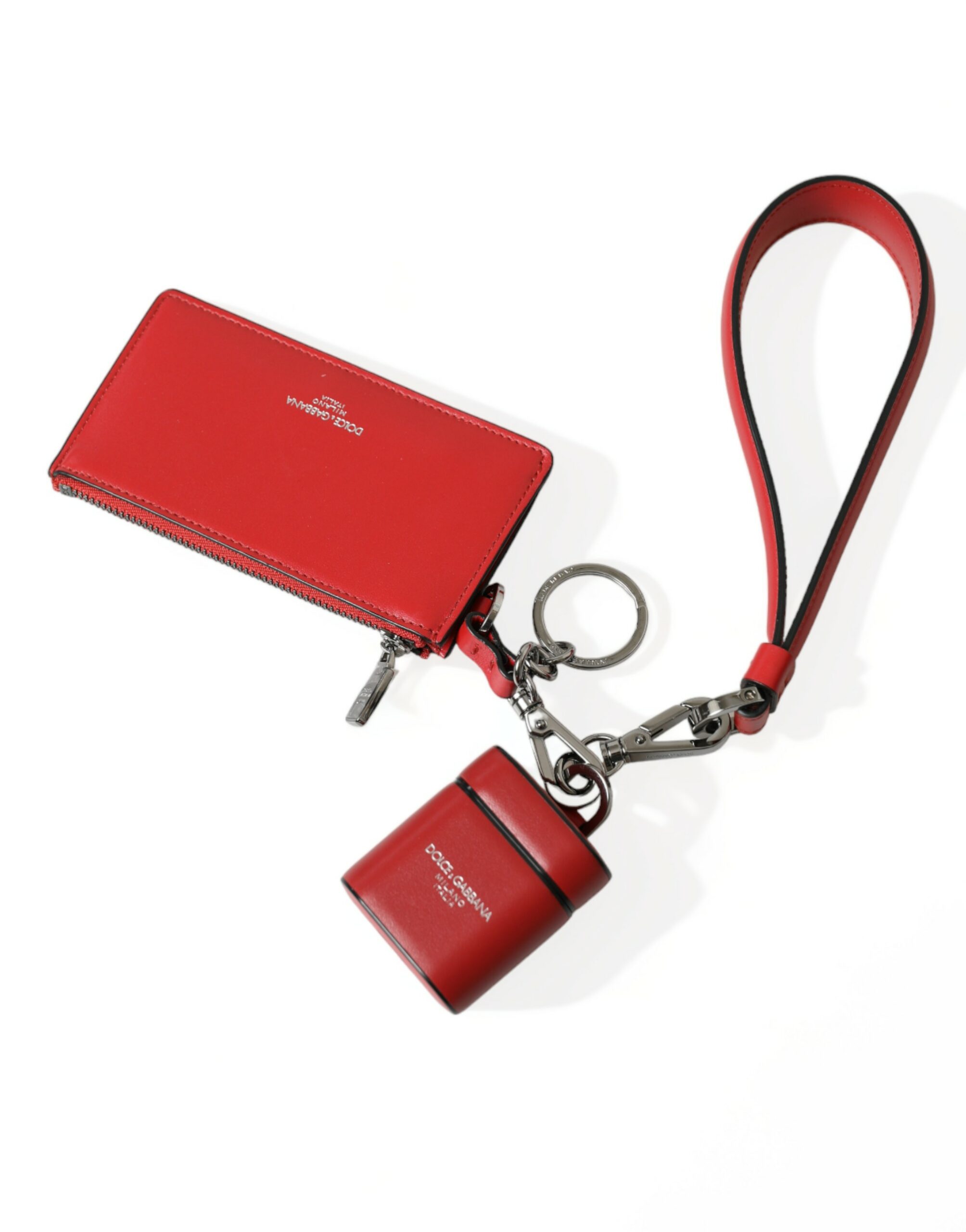 Dolce & Gabbana Red Leather Silver Metal Logo Strap Pouch Airpods Case - Image 6