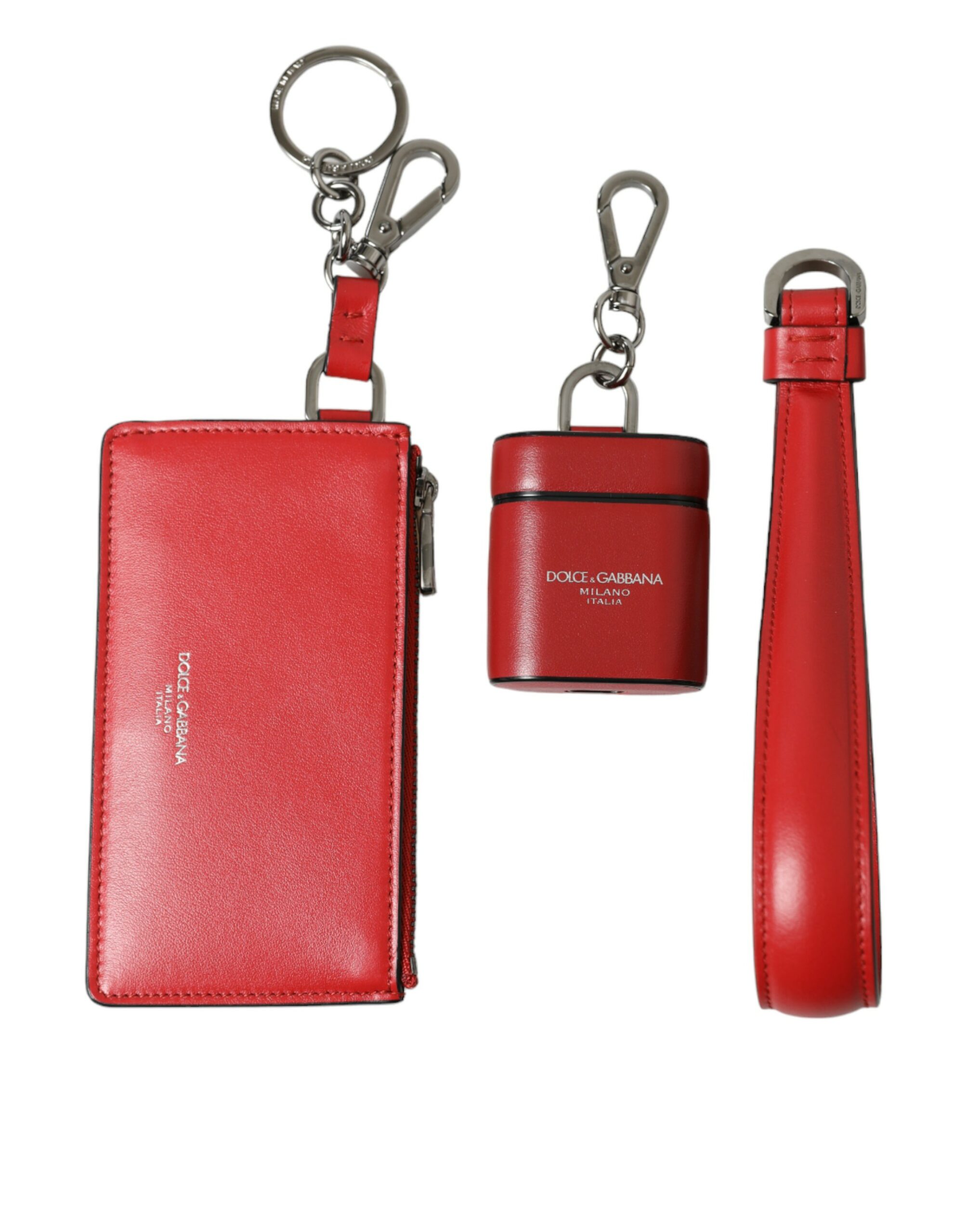 Dolce & Gabbana Red Leather Silver Metal Logo Strap Pouch Airpods Case - Image 7