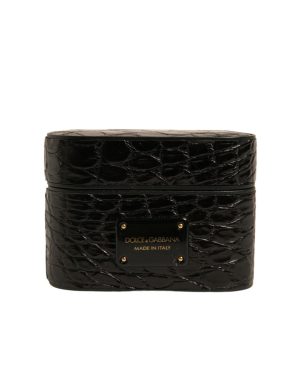 Dolce & Gabbana Black Leather Metal Logo Plaque Holder Airpods Case