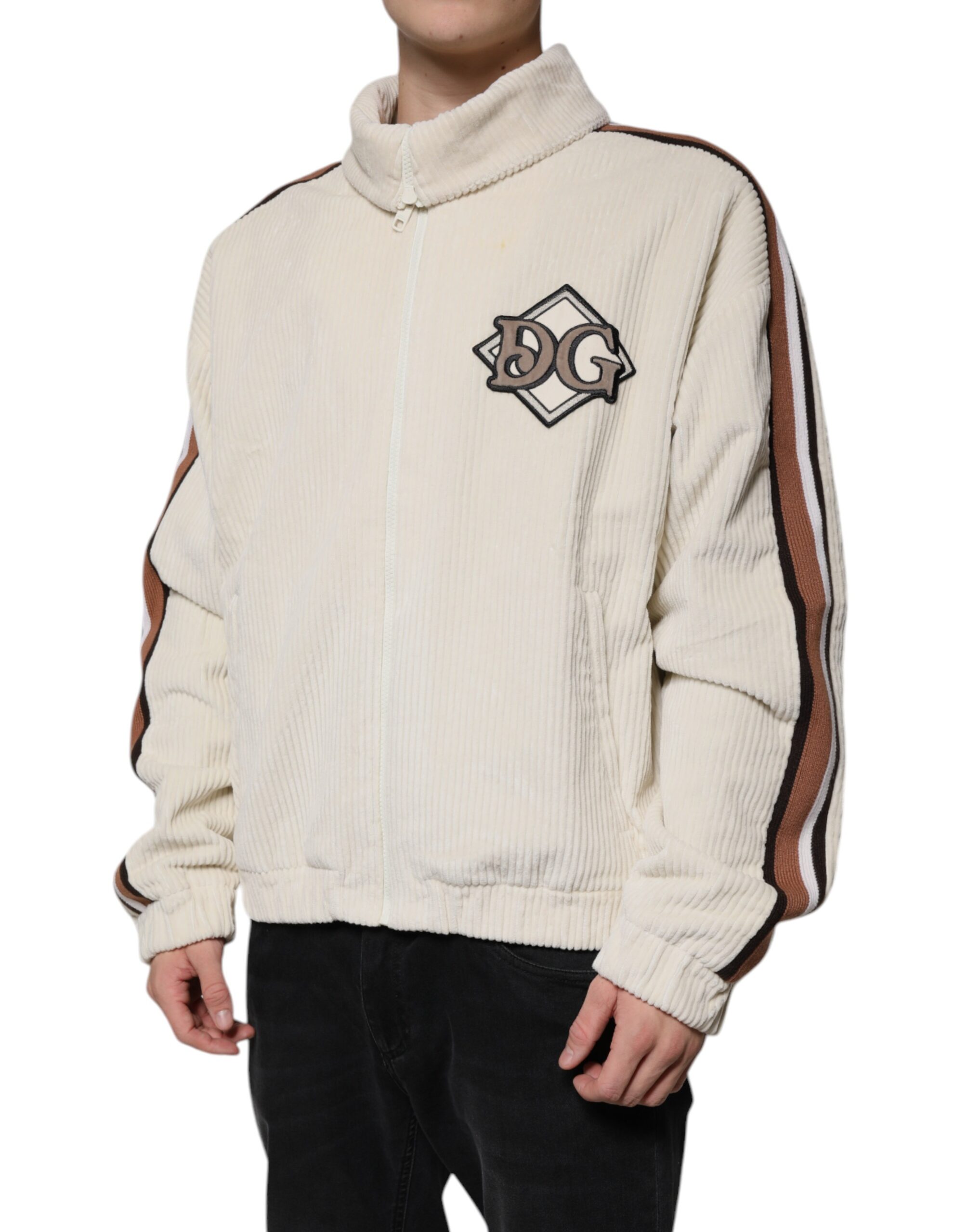 Dolce & Gabbana Beige Logo Applique Cotton Corduroy Full Zip Jacket - Image 3