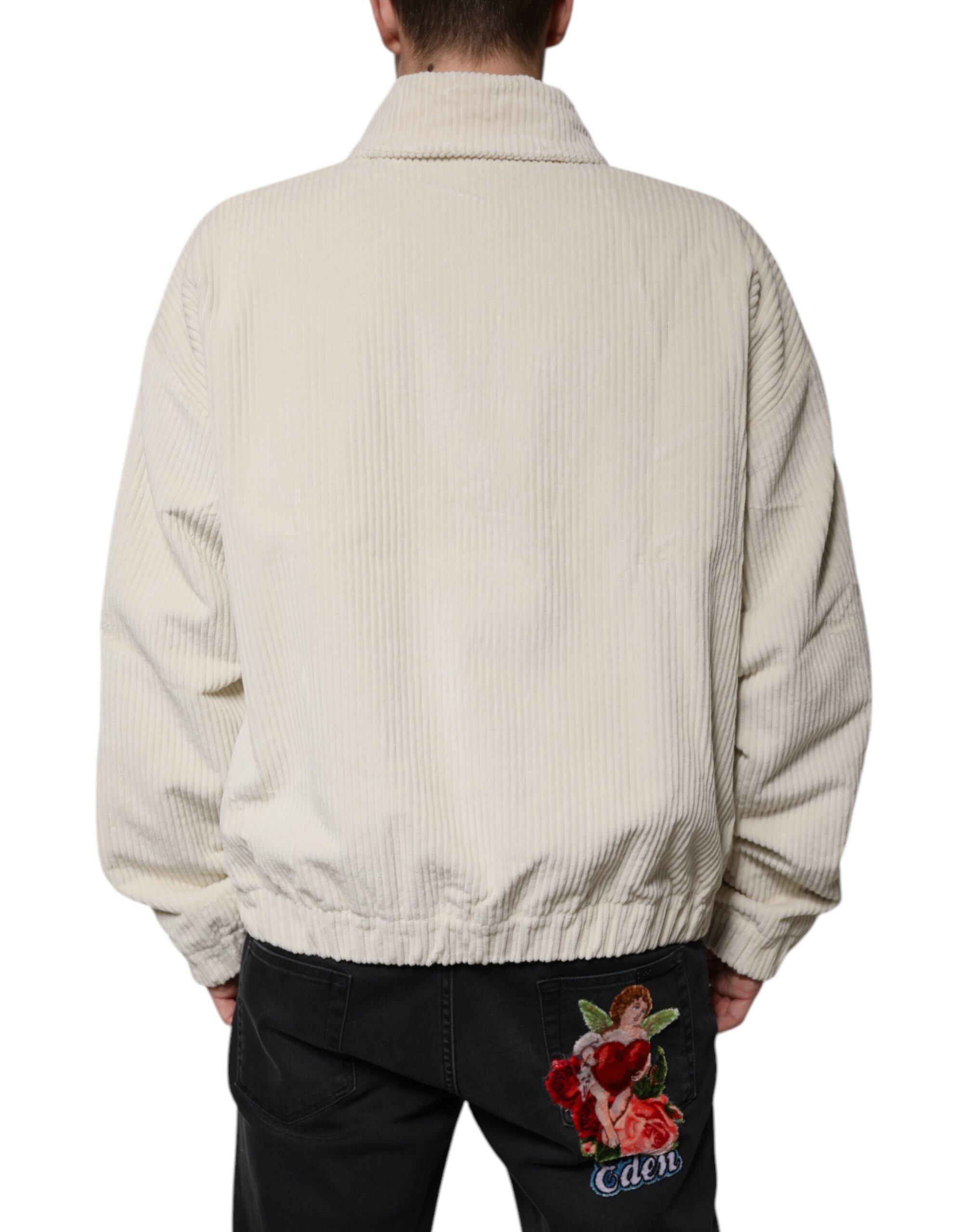 Dolce & Gabbana Beige Logo Applique Cotton Corduroy Full Zip Jacket - Image 4
