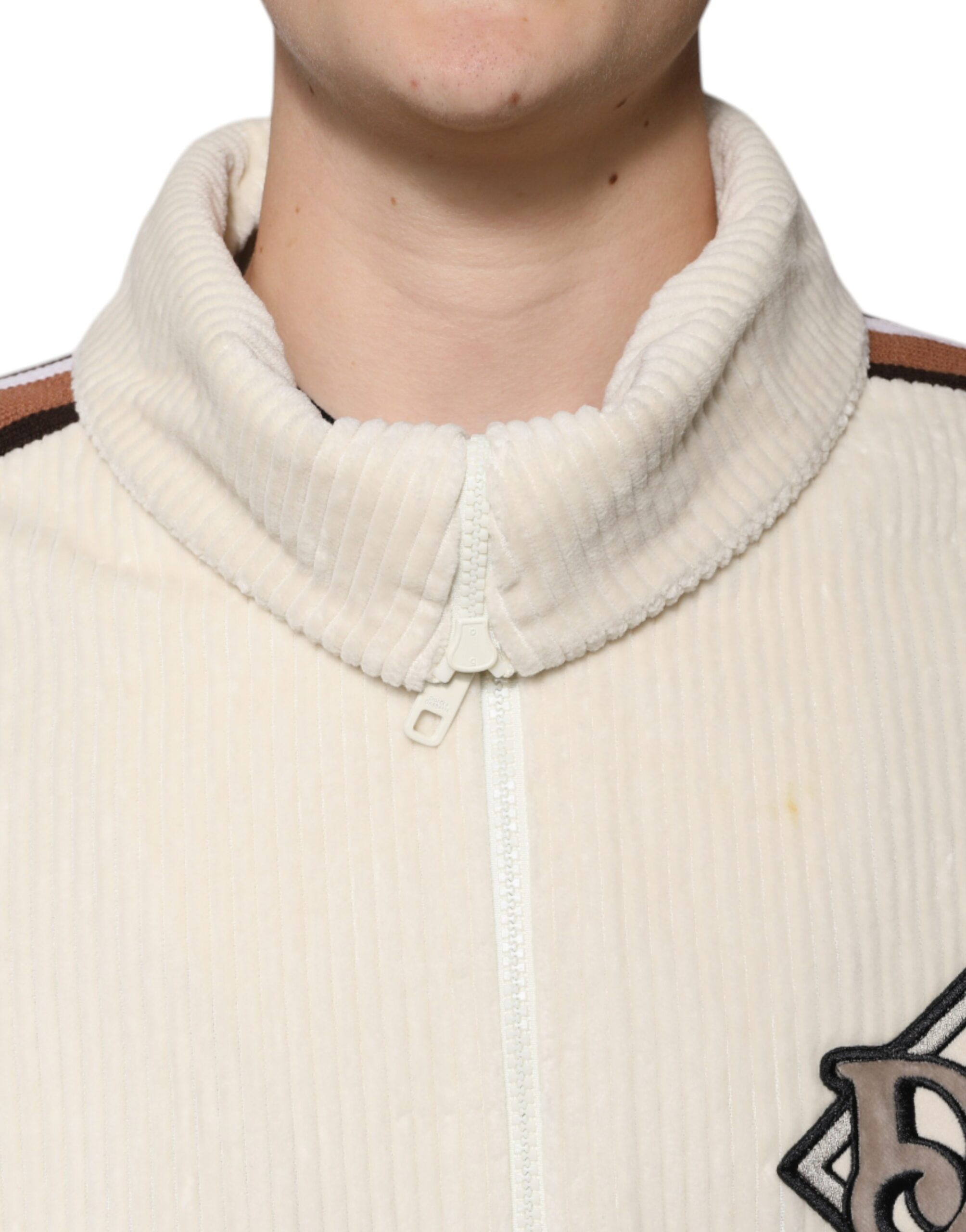 Dolce & Gabbana Beige Logo Applique Cotton Corduroy Full Zip Jacket - Image 5