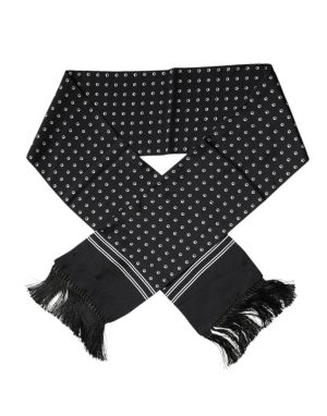 Dolce & Gabbana Black White Polka Dotted Silk Skinny Fringes Scarf