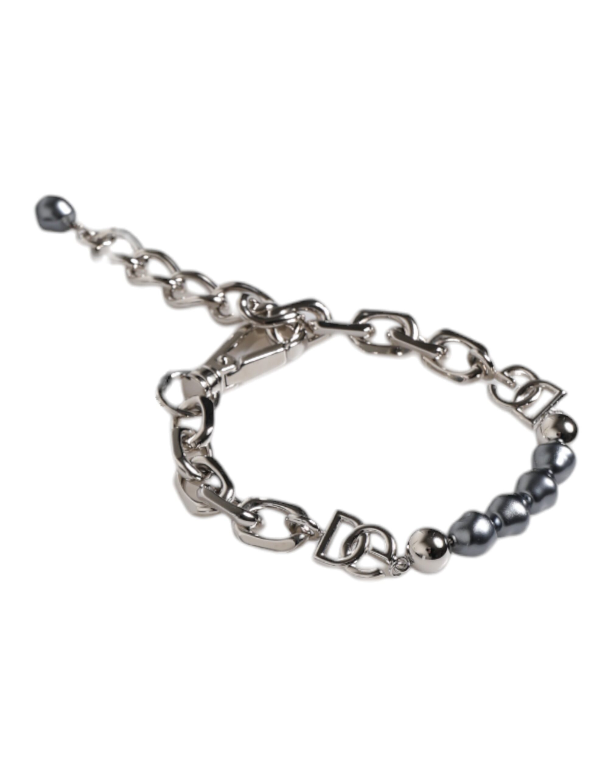 Dolce & Gabbana Silver Tone Chain Lobster Clasp Logo Gray Pearls Bracelet - Image 3