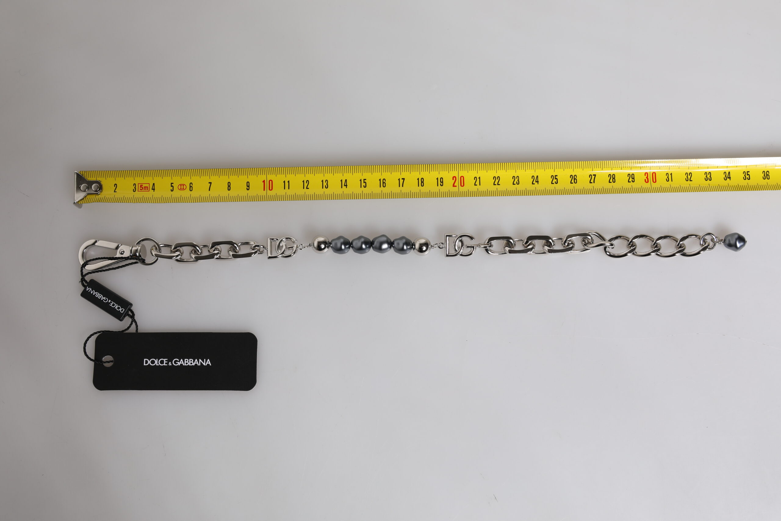 Dolce & Gabbana Silver Tone Chain Lobster Clasp Logo Gray Pearls Bracelet - Image 5